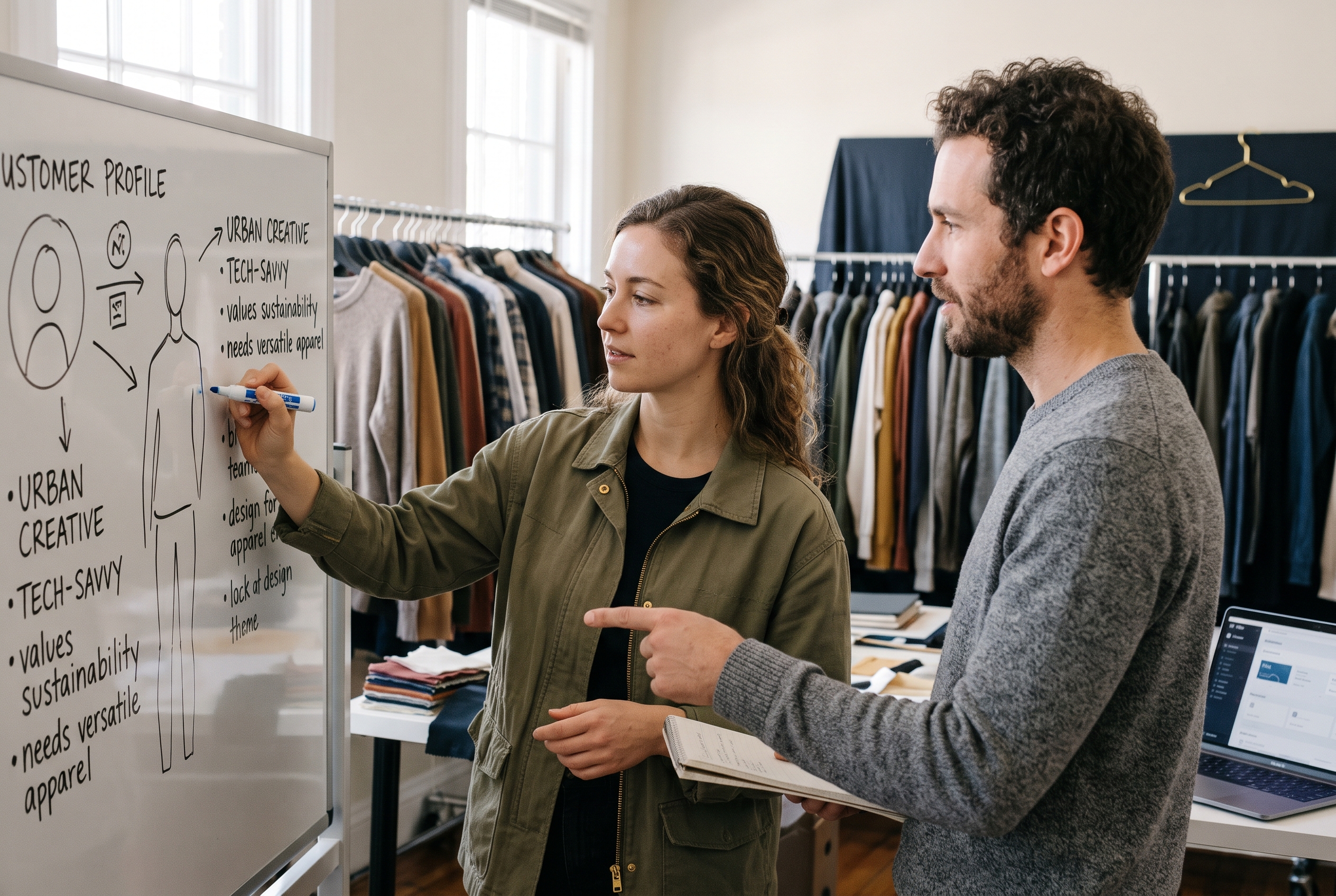 Two founders sketching a customer profile on a whiteboard in a small apparel studio with garment racks behind them