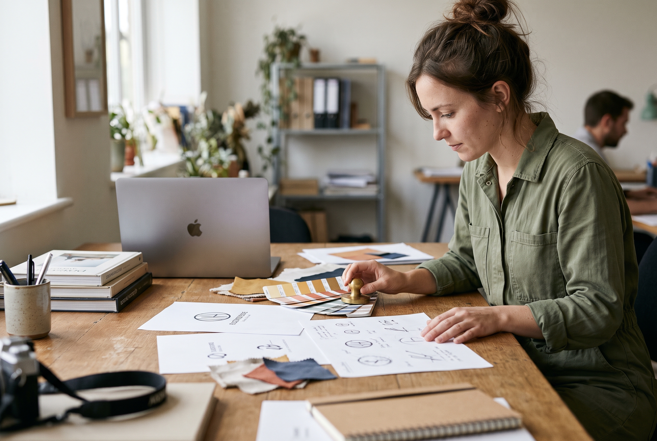 Designer comparing printed logo sketches and Pantone color chips on a wooden desk next to a laptop