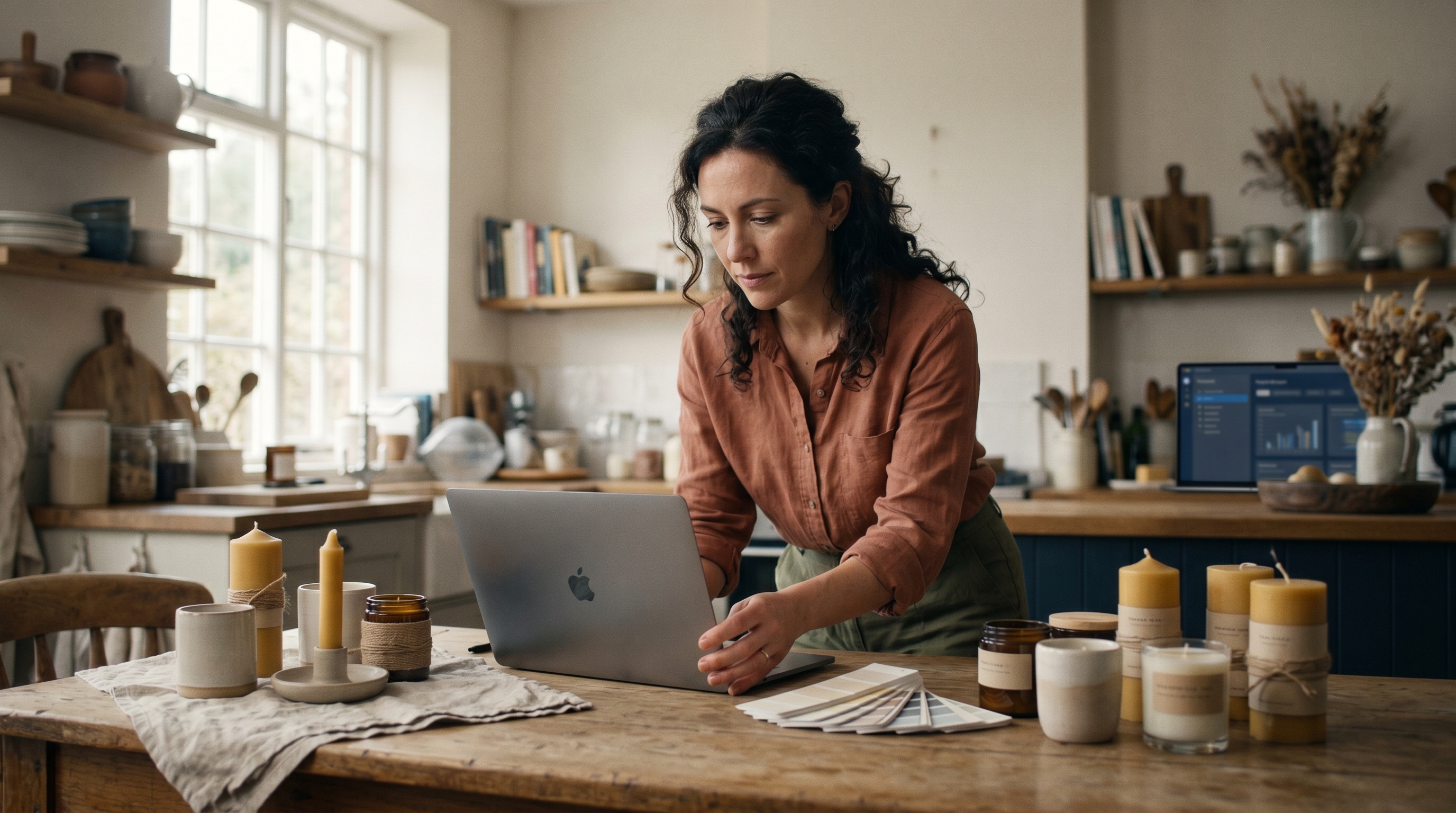 Small business owner setting up a laptop on a kitchen table surrounded by handmade candles ready to photograph