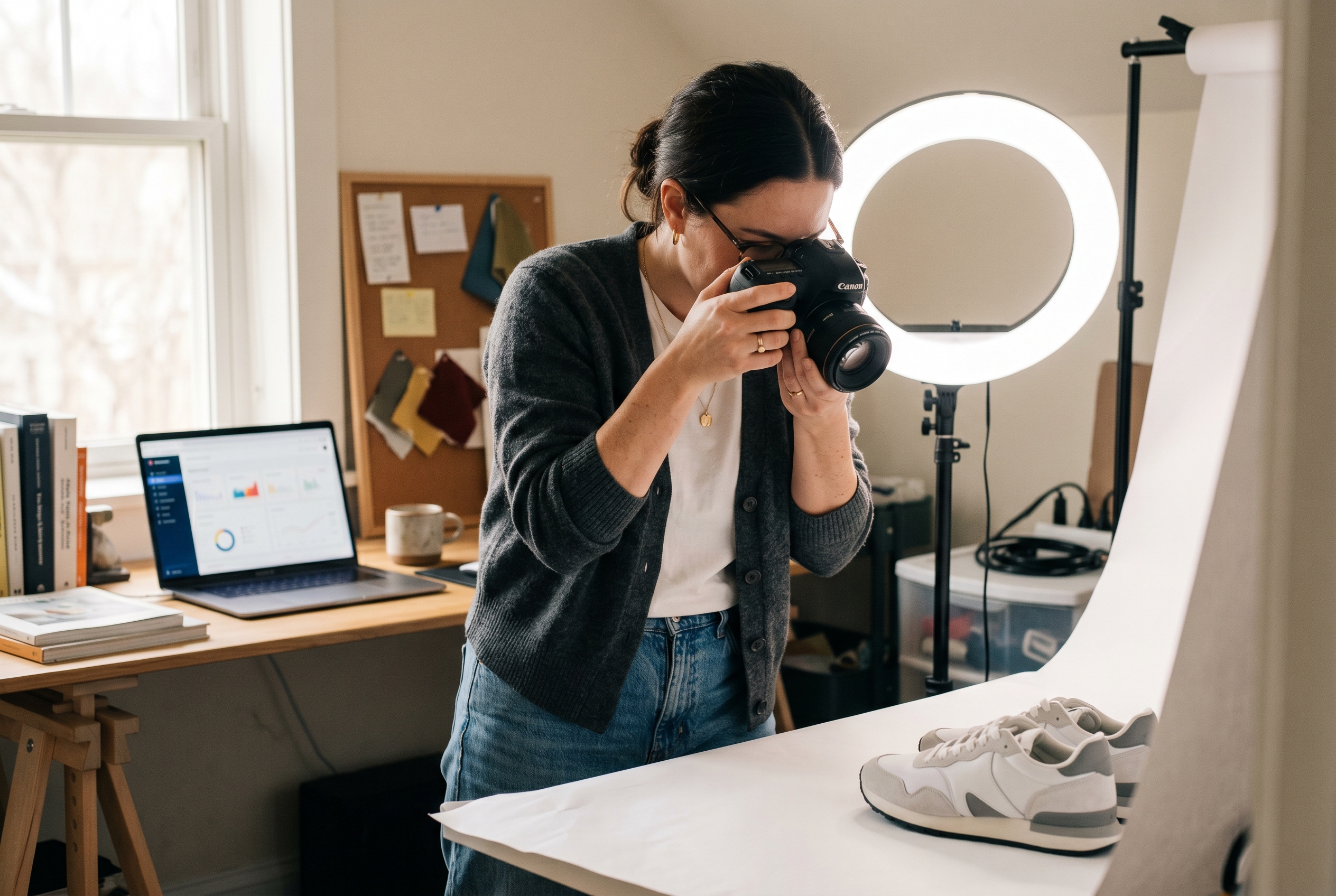 Founder photographing a pair of sneakers on a white backdrop with a ring light in a small home studio