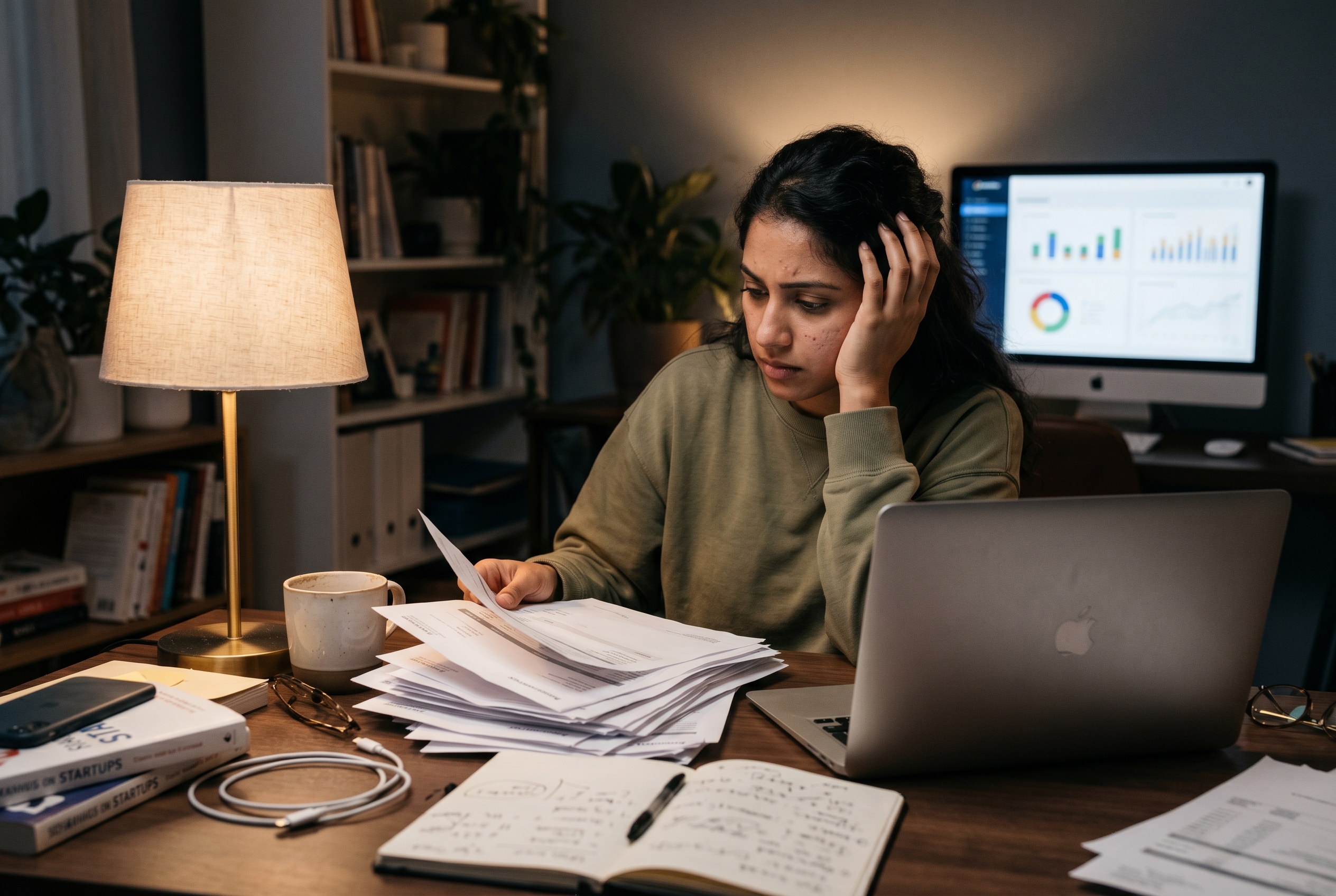 Frustrated entrepreneur reviewing a stack of subscription invoices at a cluttered desk late in the evening