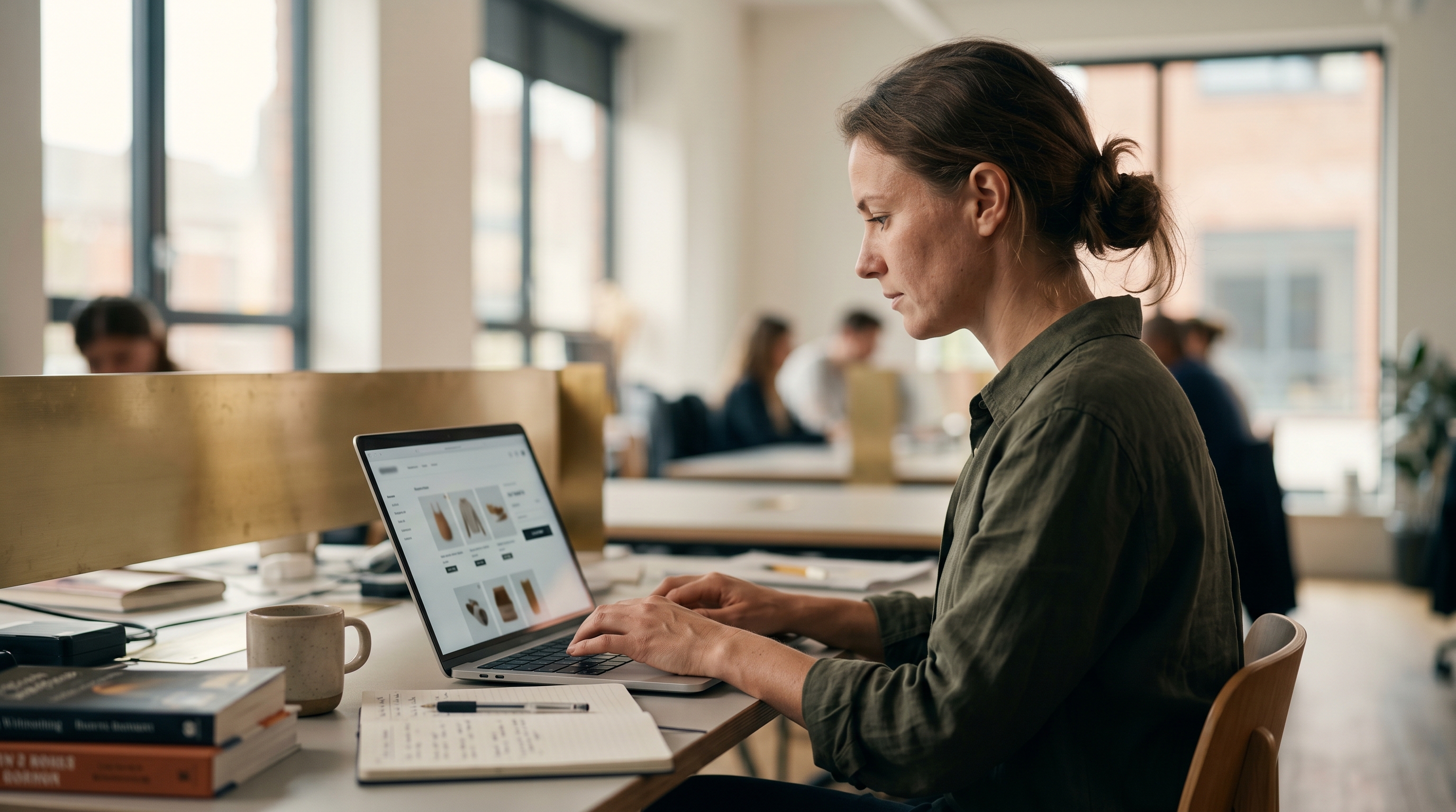 Entrepreneur sitting at a desk with a laptop showing a freshly launched online store with product cards and a checkout button