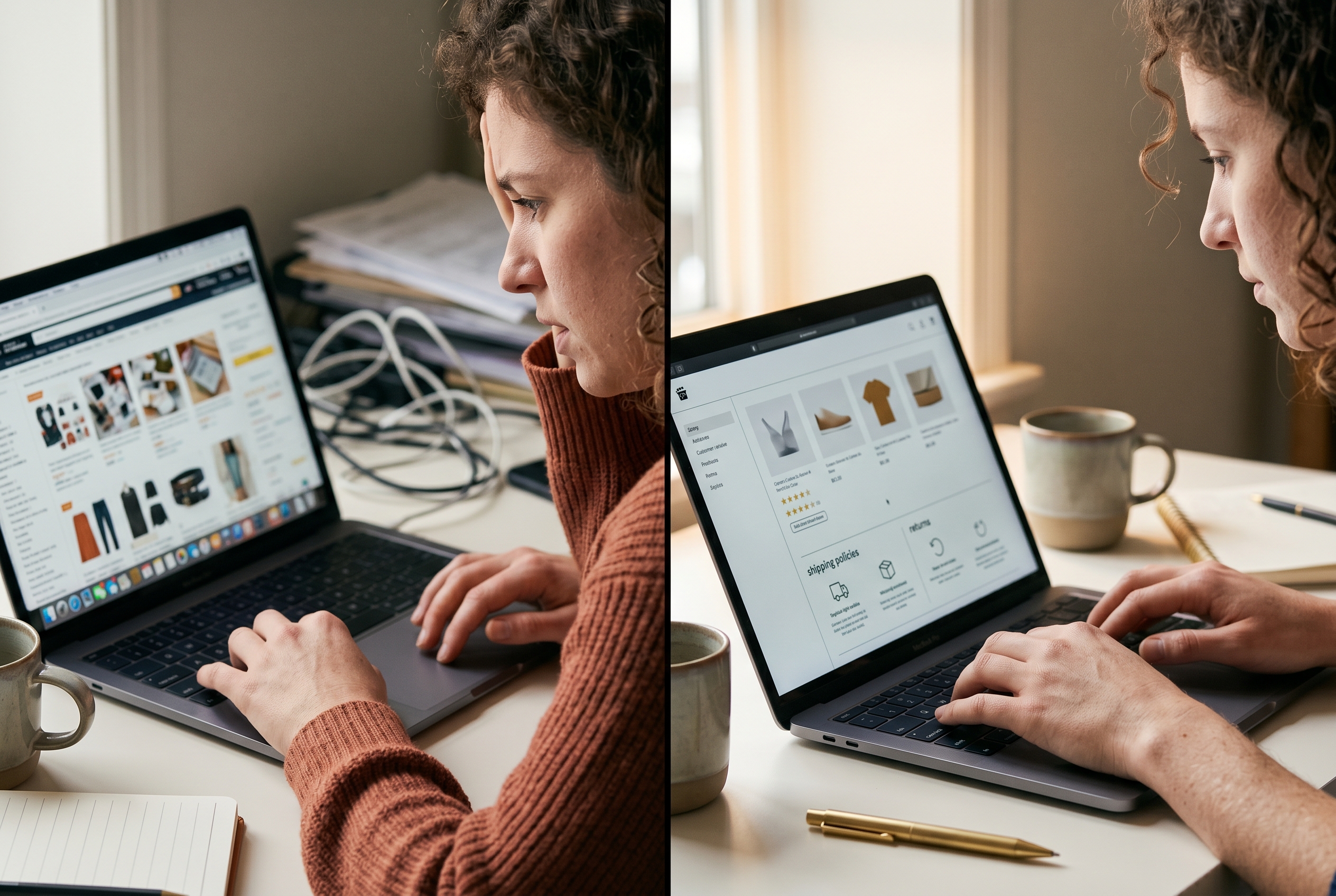 Split screen showing a cluttered confusing online store on one side and a clean trustworthy store with reviews and clear policies on the other