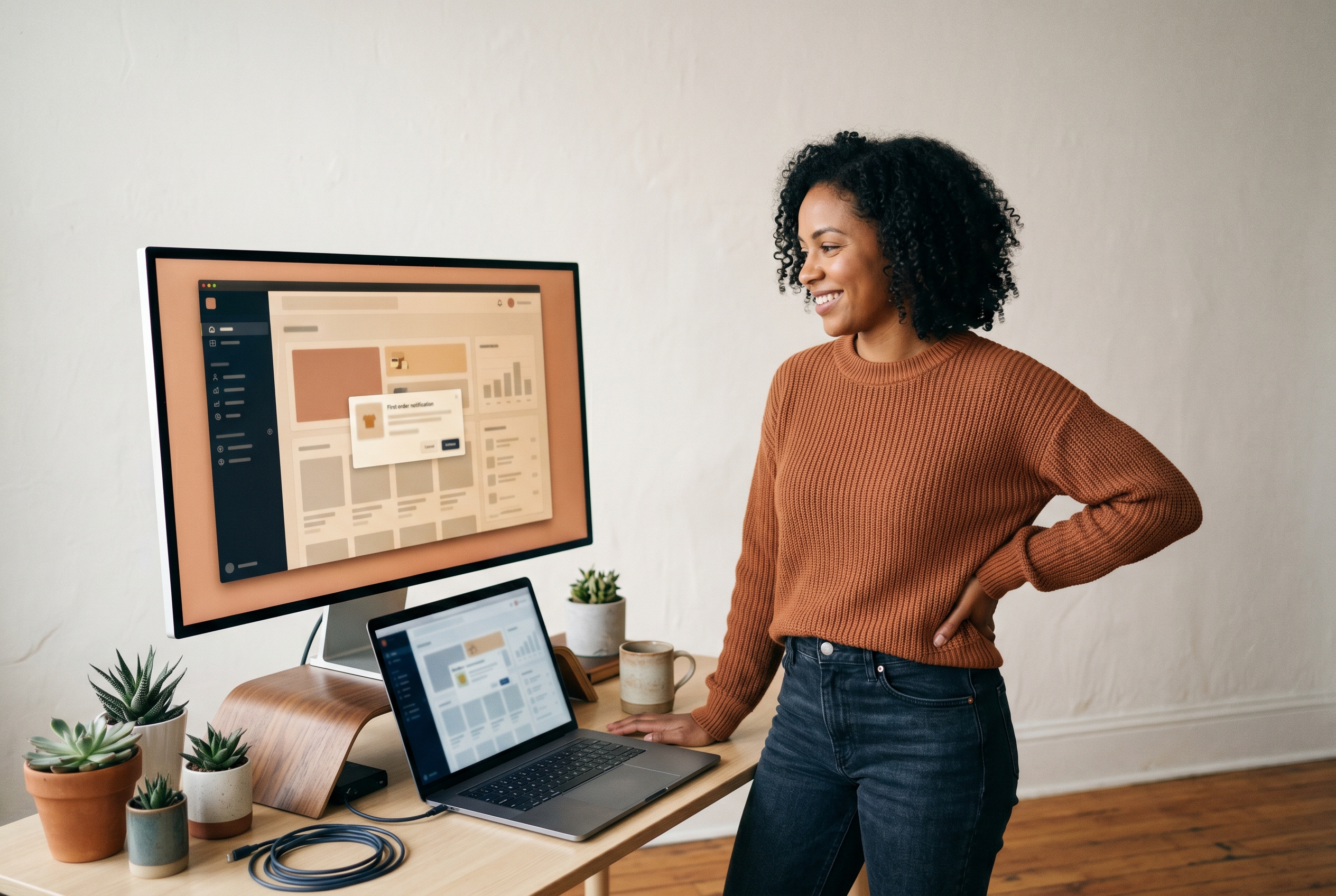 Confident small business owner standing in front of a large screen displaying their live online store with a first order notification popping up