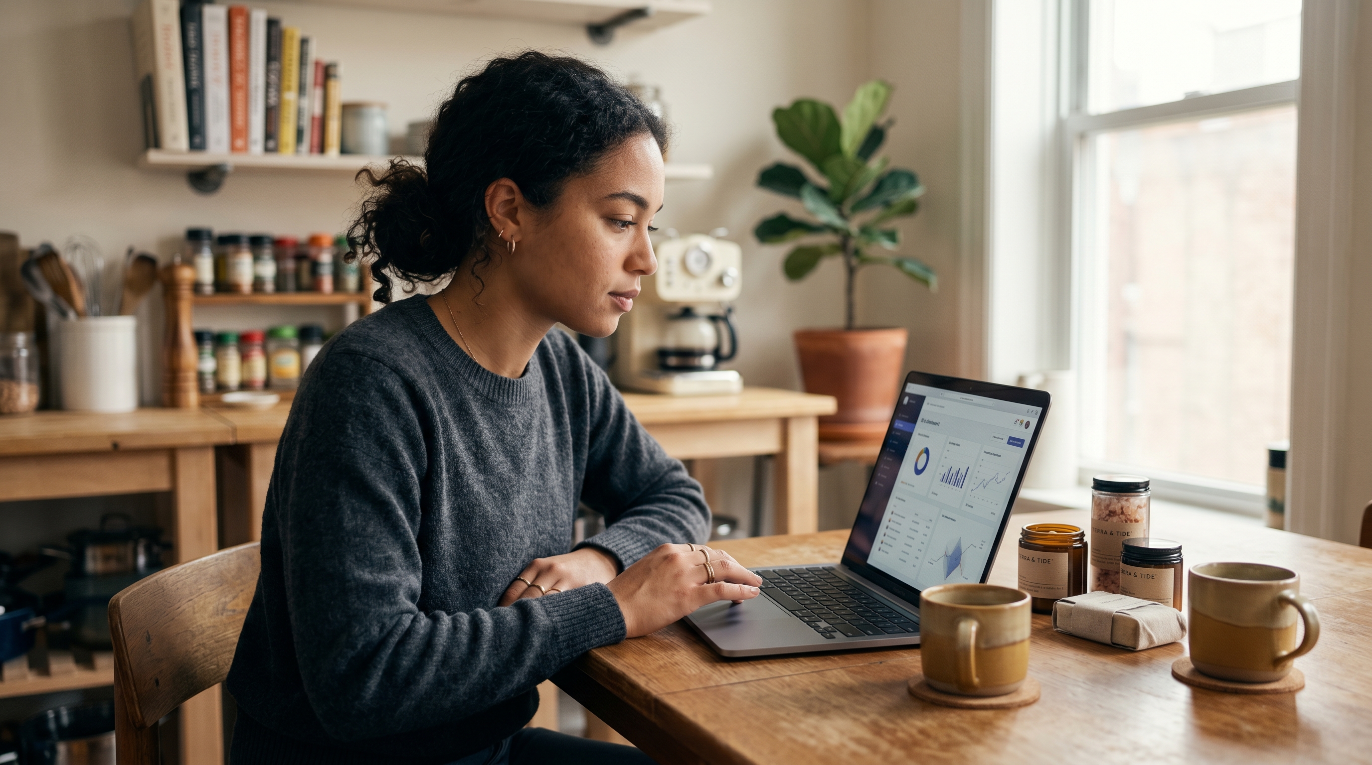 First-time founder setting up an online store on a laptop at a kitchen table with product samples and a coffee mug nearby