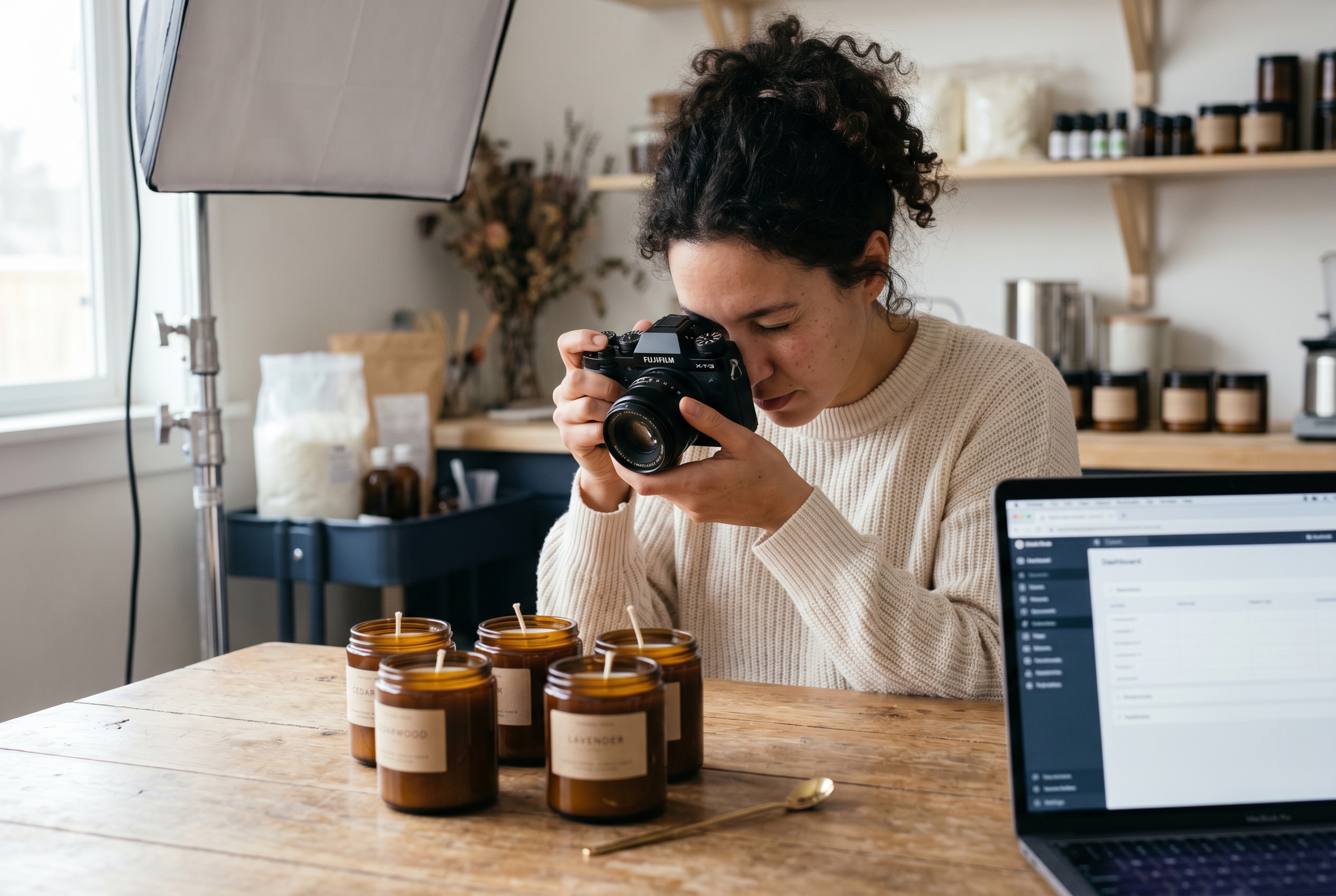 Small business owner photographing handmade candles on a wooden table under a softbox light to create product listings