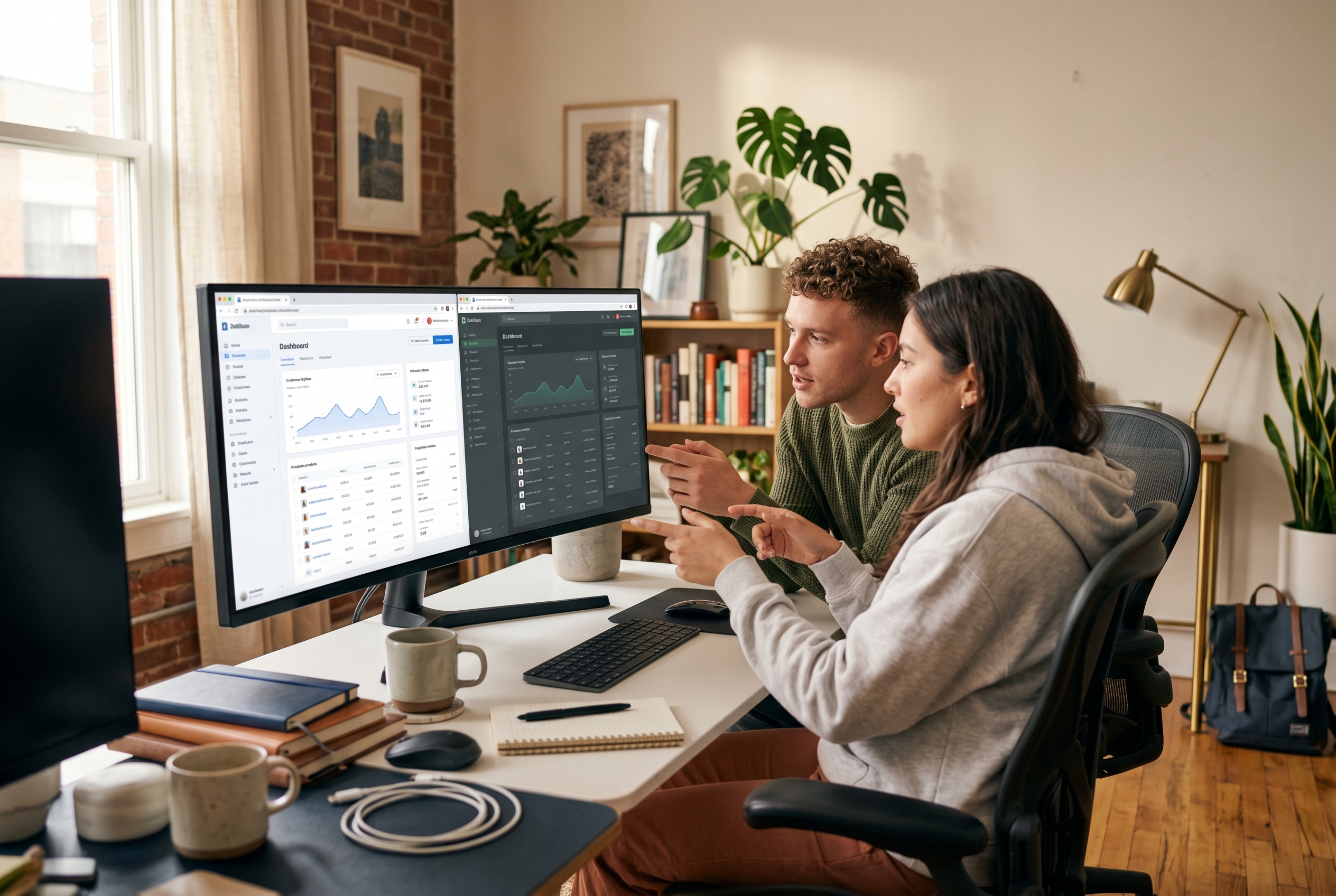 Two beginners comparing online store platforms side by side on a wide monitor in a bright home office