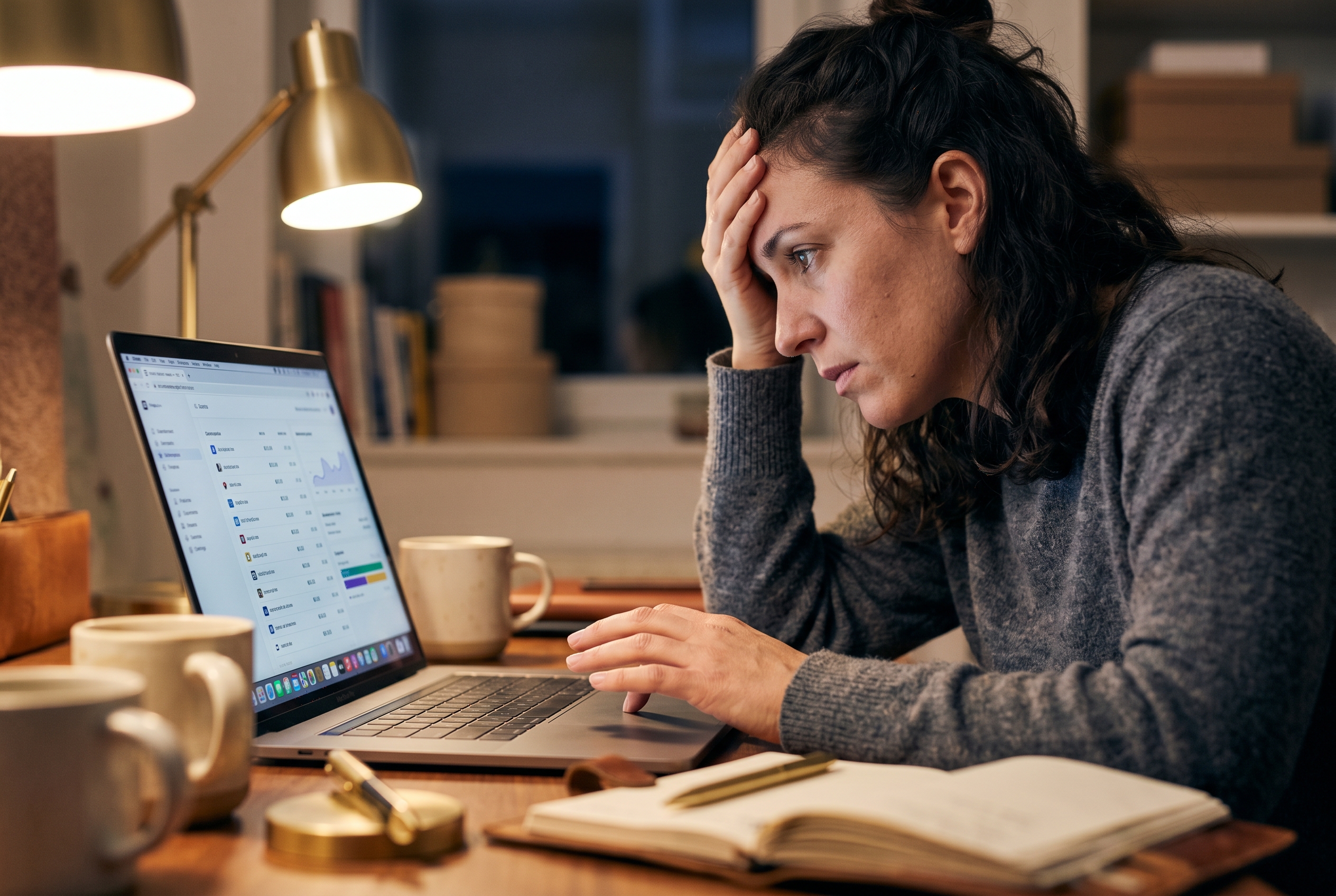 Frustrated first-time store owner reviewing a long list of app subscriptions on a laptop late in the evening