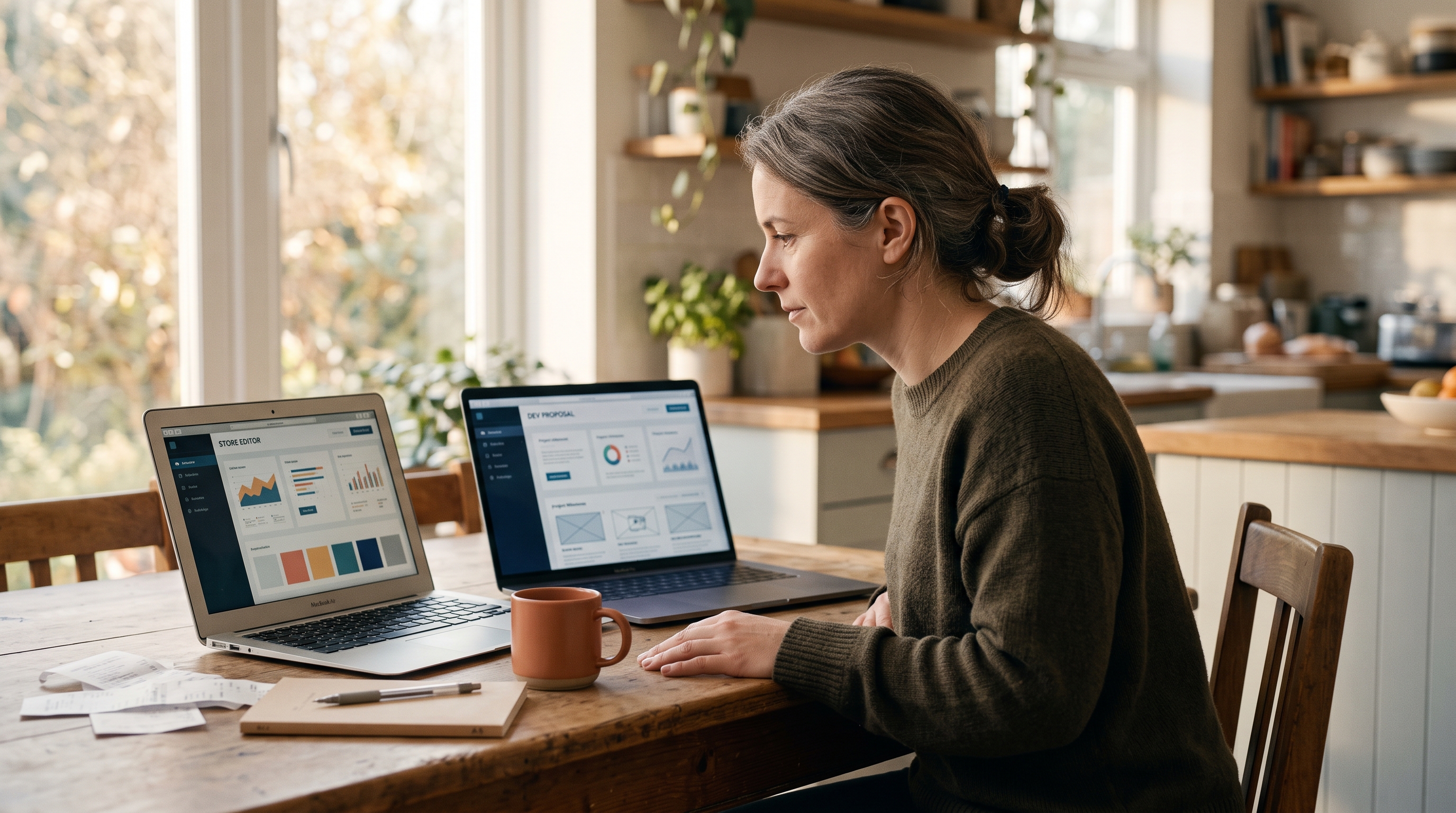 Small business owner comparing two laptops at a kitchen table, one showing a store editor and one showing a developer proposal, morning light