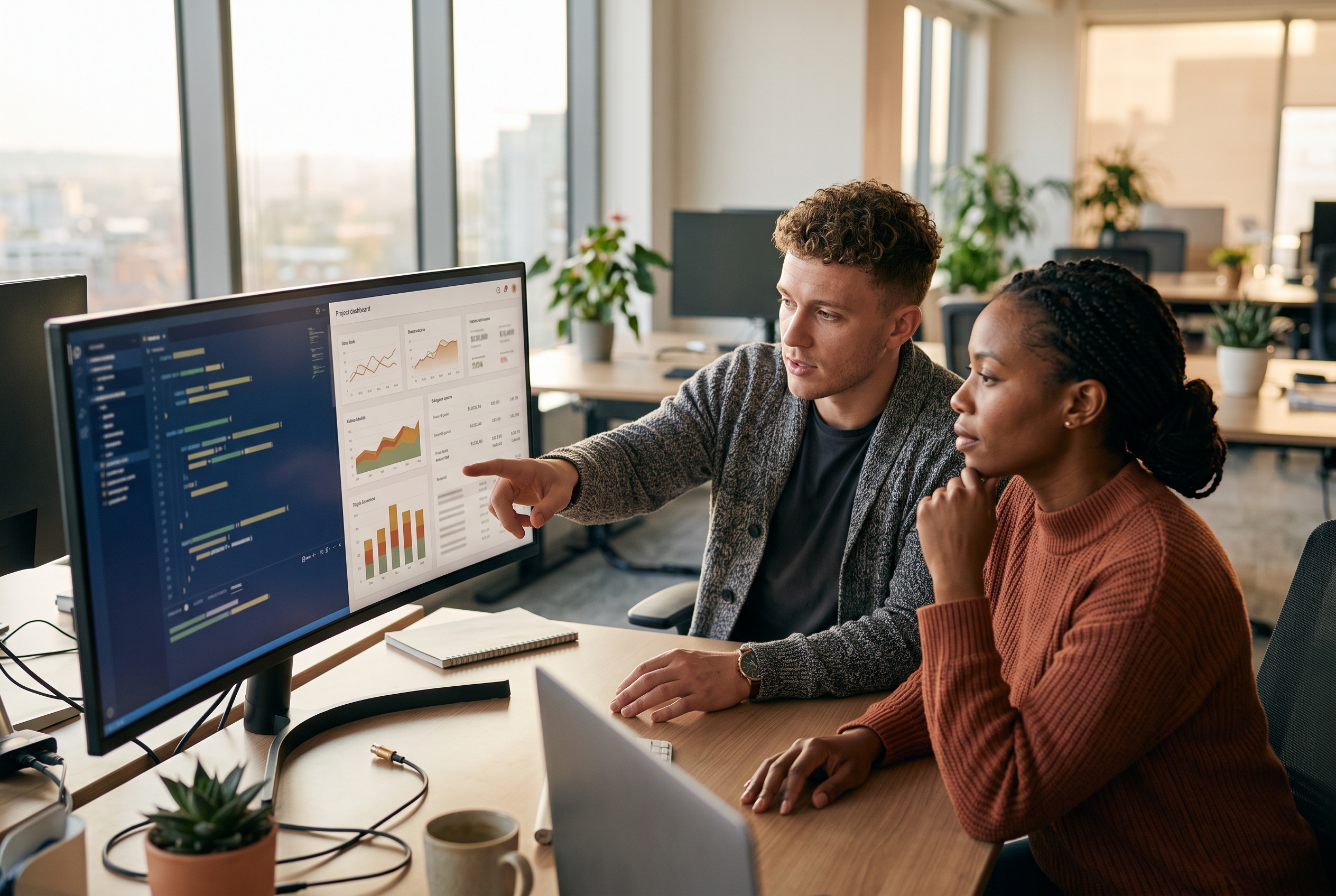 Two developers reviewing code and a project quote on a wide monitor in a modern office during golden hour