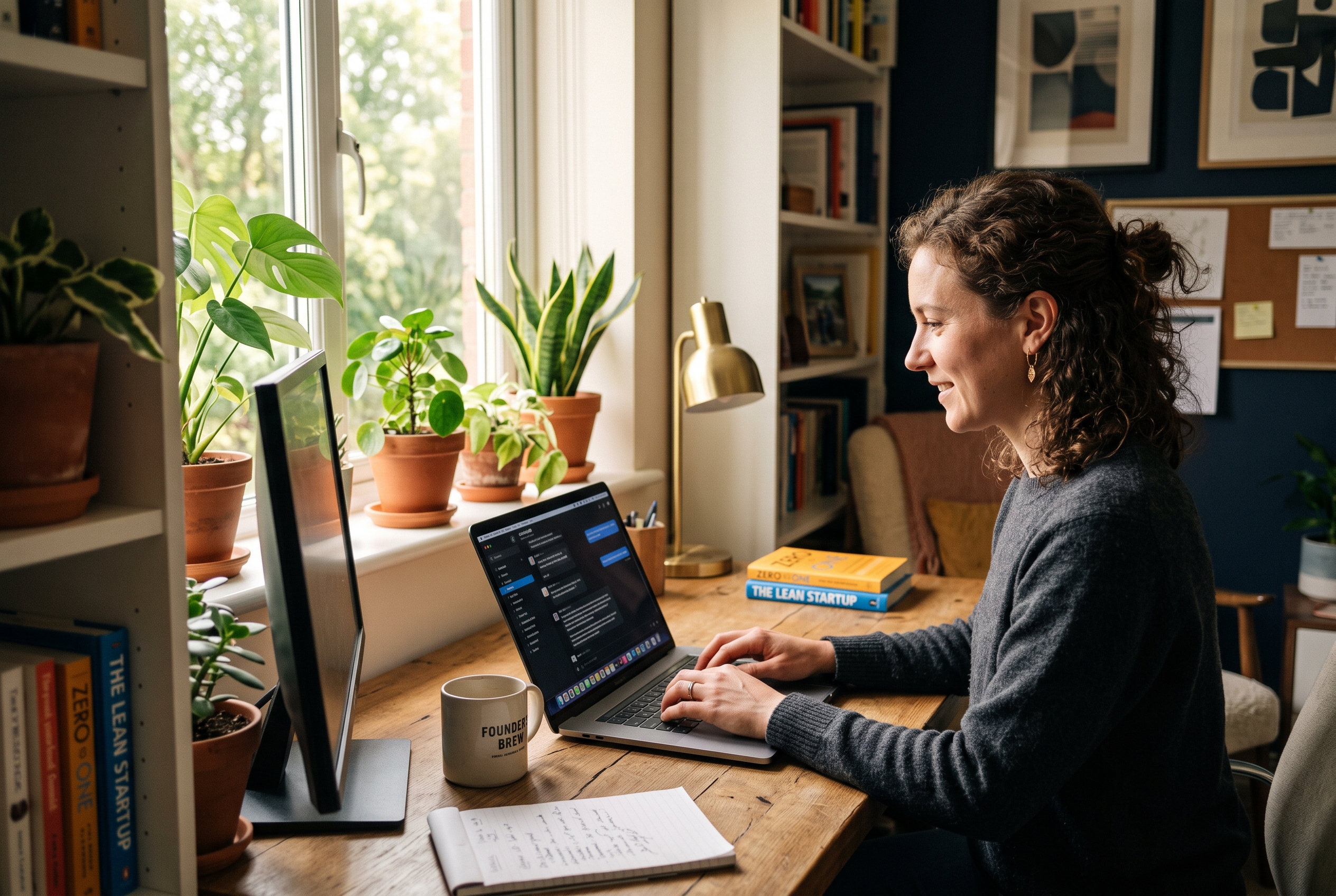Founder typing a description of her business into a chat window on a laptop in a sunlit home office with plants on the windowsill