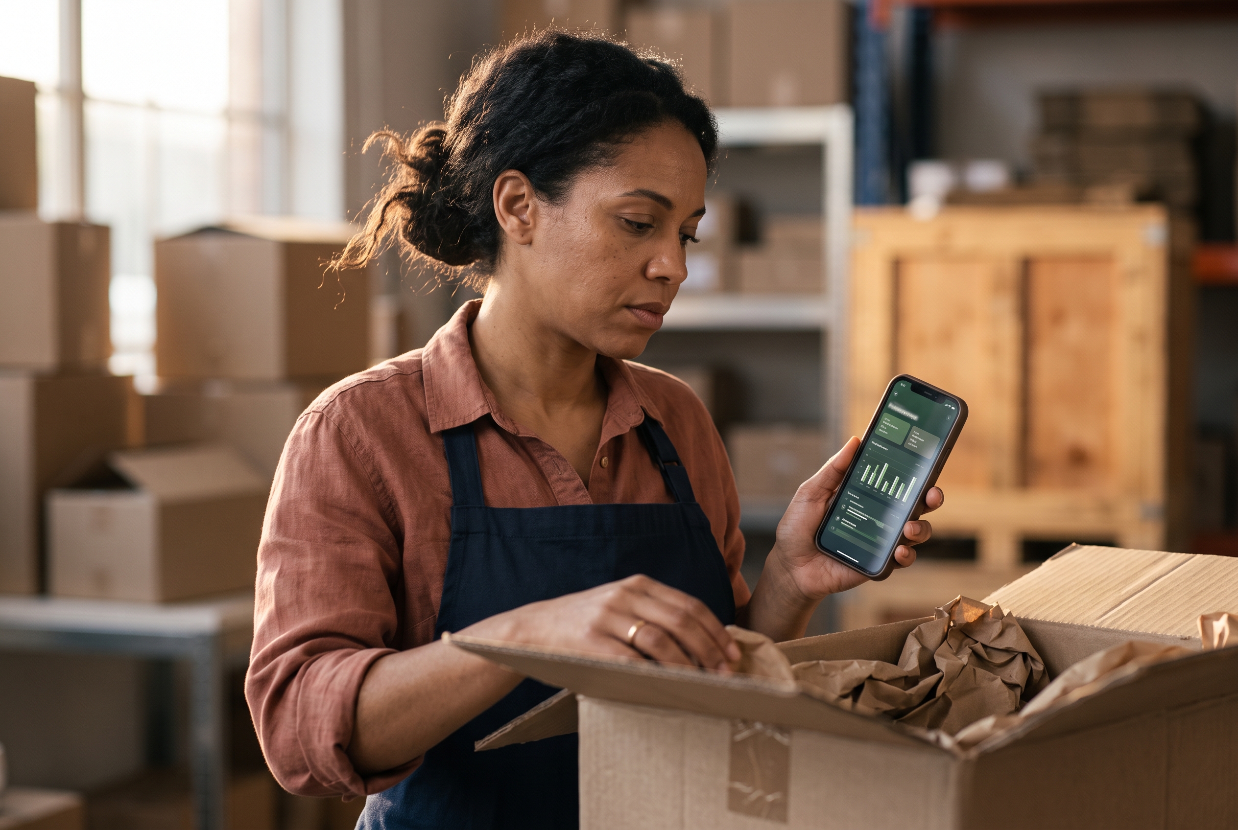 Warehouse owner packing orders into shipping boxes while checking a phone showing a live store dashboard, late afternoon light