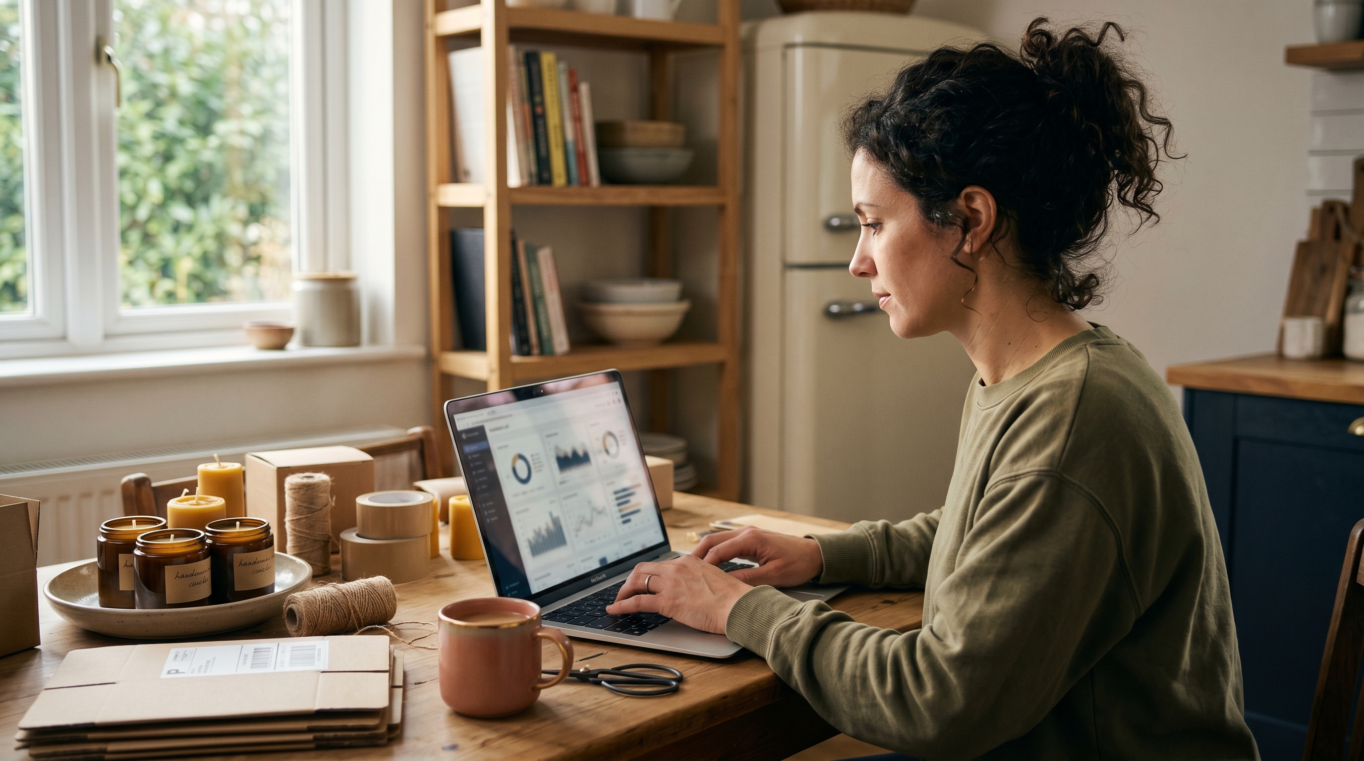 Small business owner typing on a laptop at a kitchen table with handmade candles and packing supplies nearby