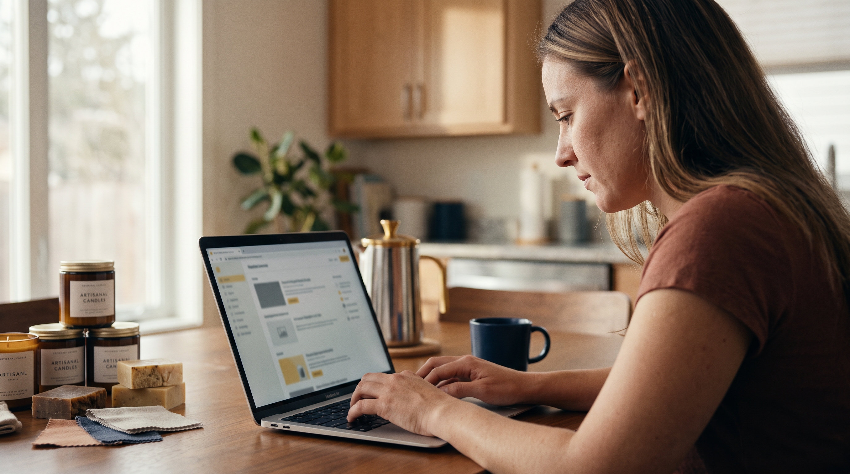 Small business owner typing a store description on a laptop at a kitchen table with product samples nearby
