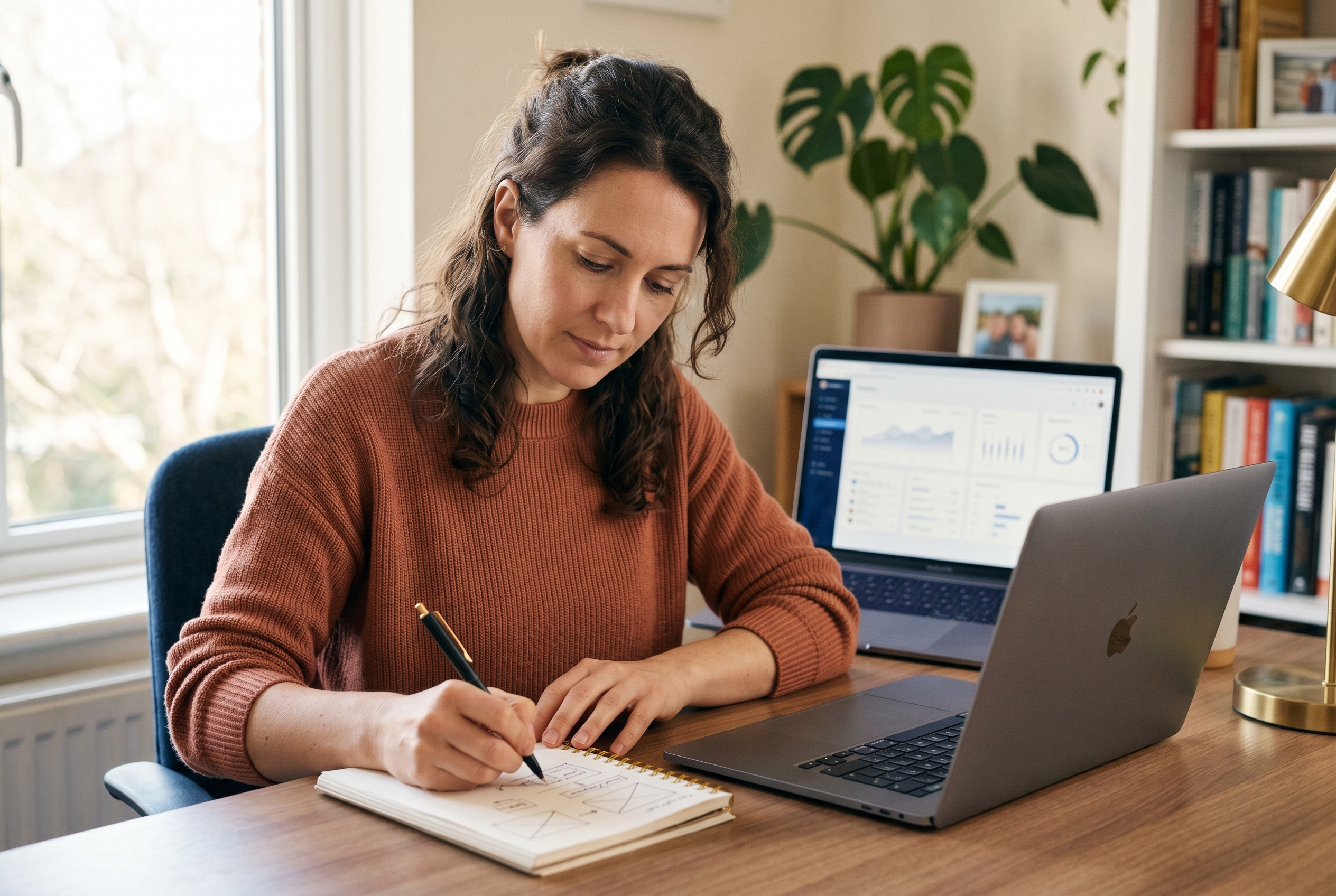 Founder sketching product ideas in a notebook beside an open laptop in a bright home office at morning