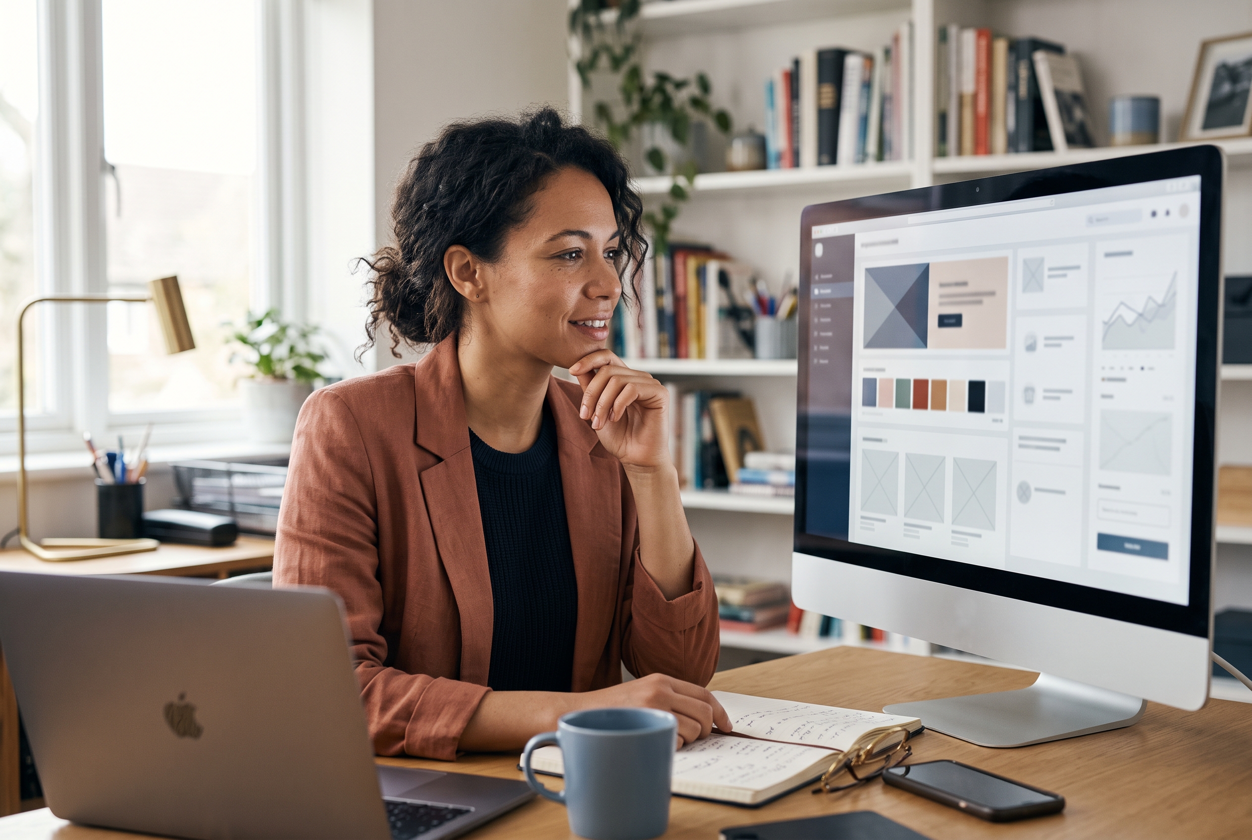 Entrepreneur reviewing a freshly generated storefront on a wide monitor in a bright home office