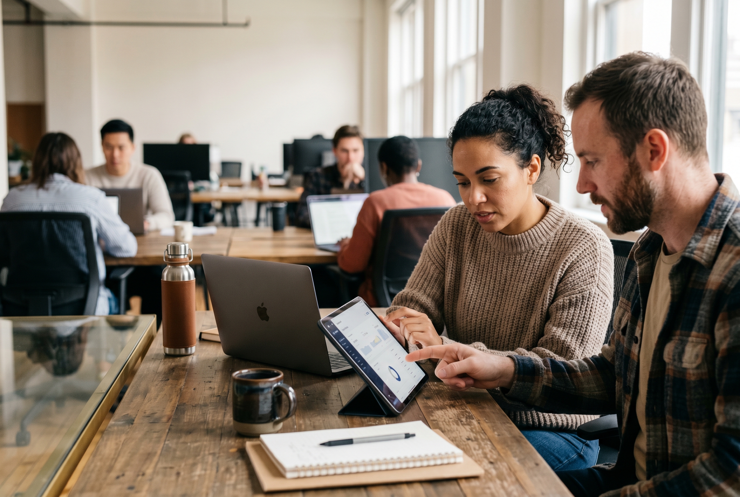 Two small business partners comparing pricing on a tablet across a wooden desk in a coworking space