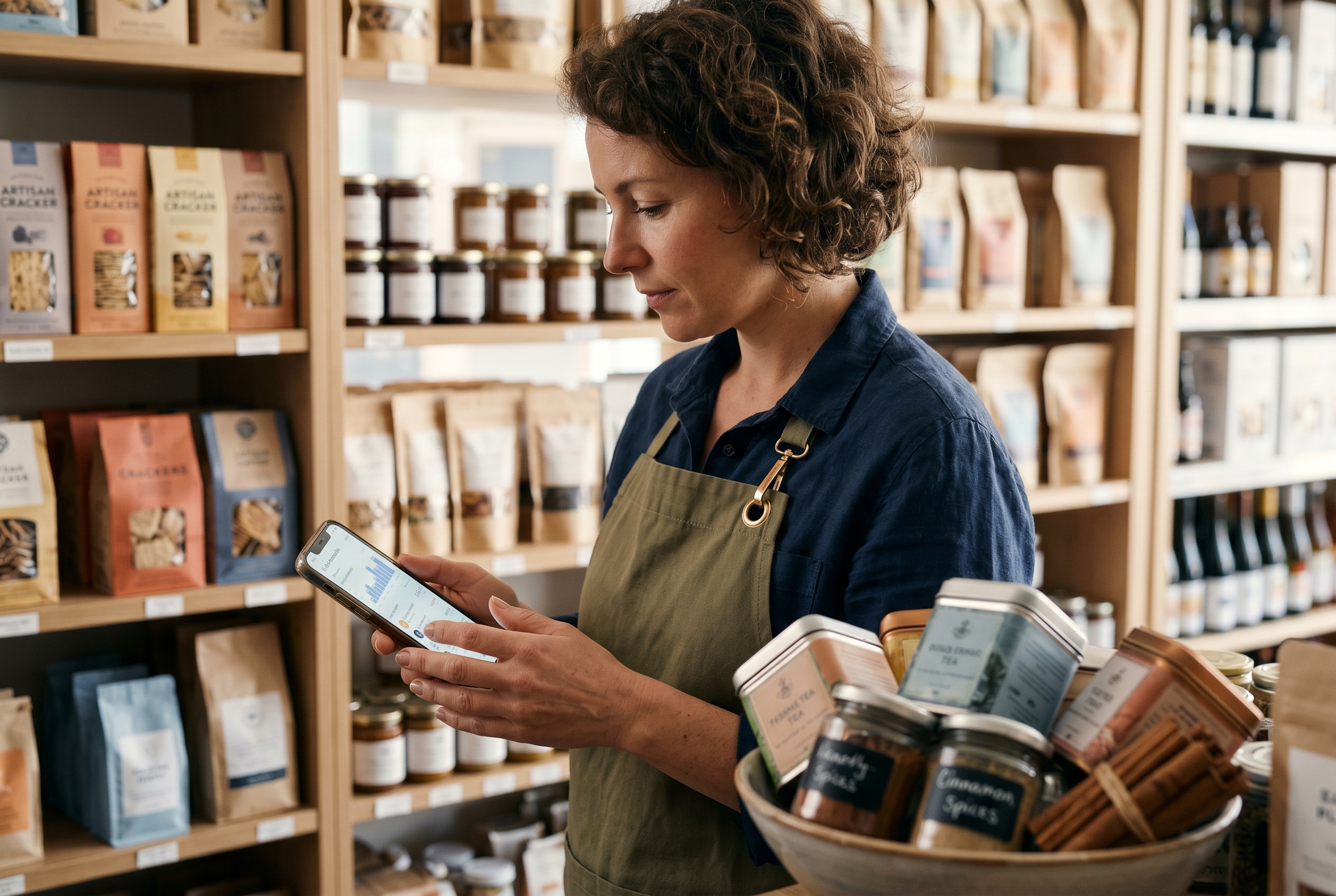 Merchant reviewing a live store on a phone while standing among shelves of packaged products in a small shop