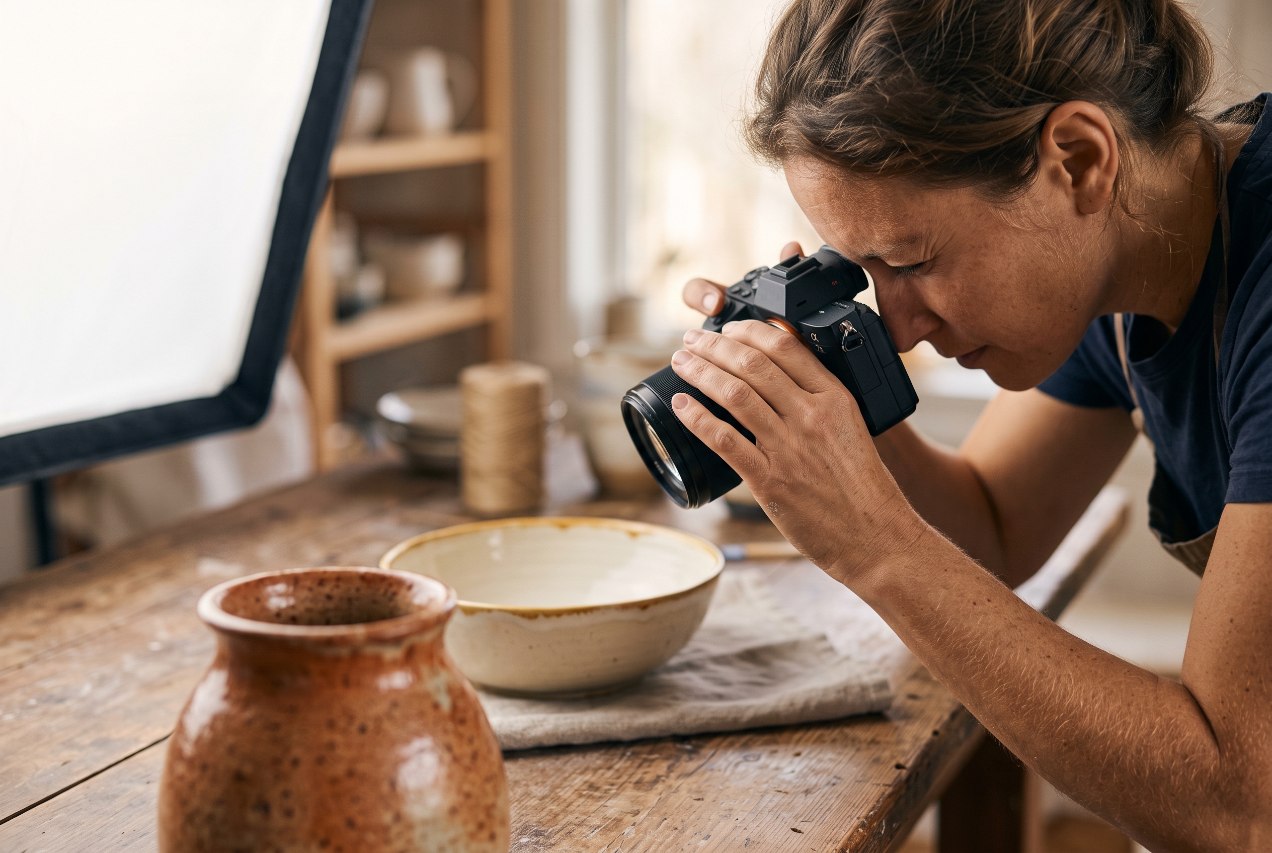 Maker photographing handmade ceramics on a wooden table under a softbox light for product listings