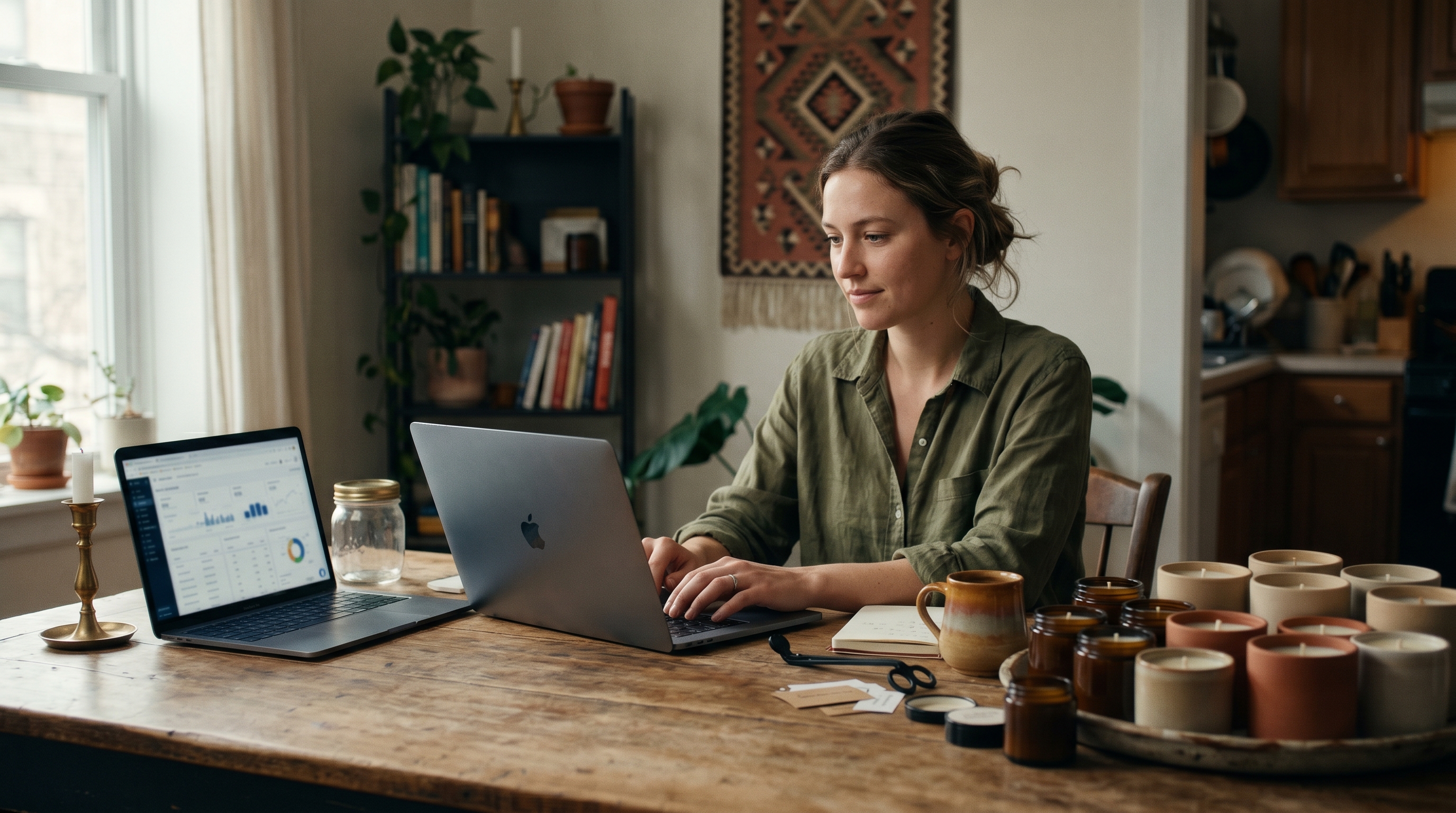 Small business owner setting up an online store on a laptop at a kitchen table surrounded by handmade candles