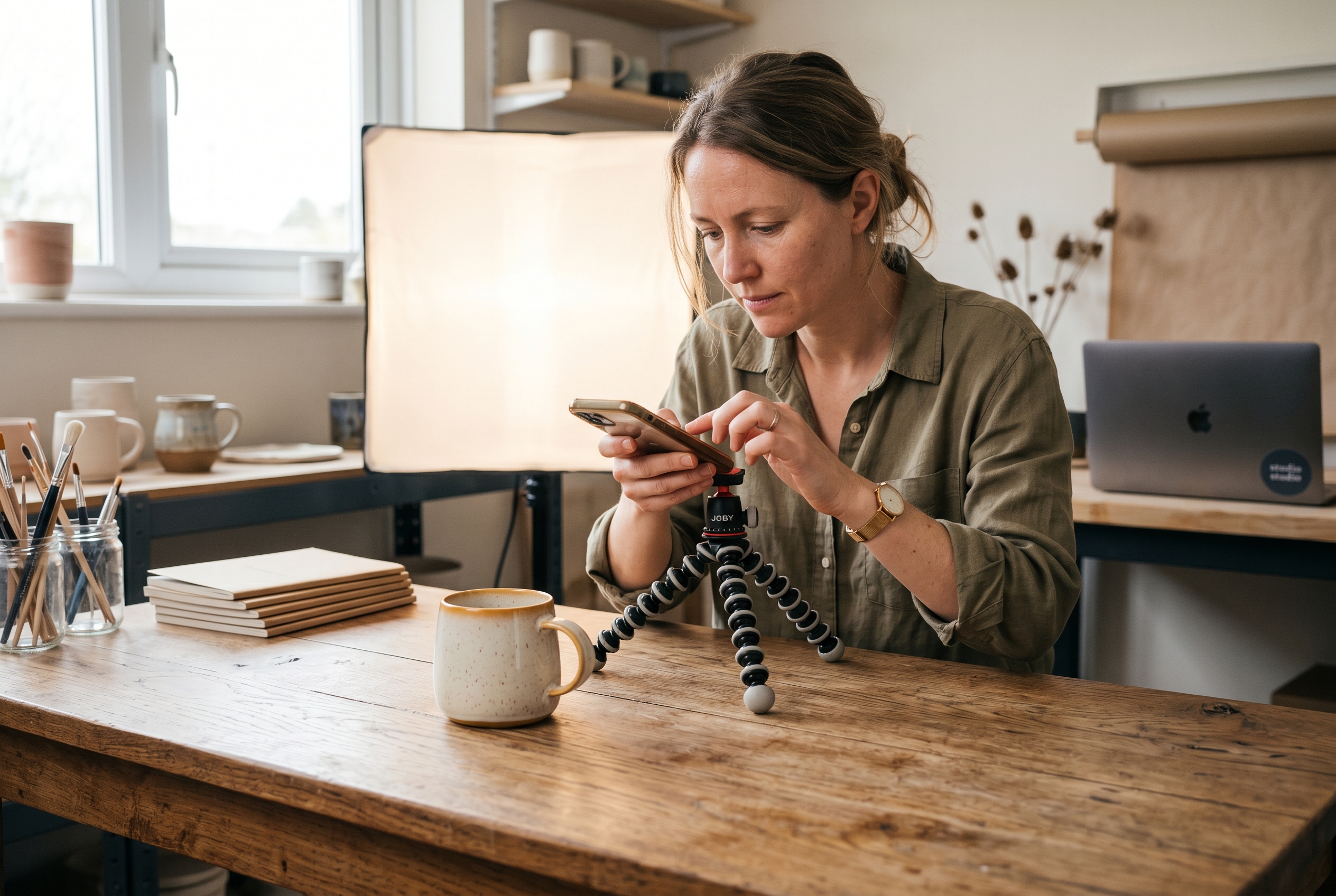 Founder photographing a ceramic mug on a wooden table with a softbox light and a phone on a tripod
