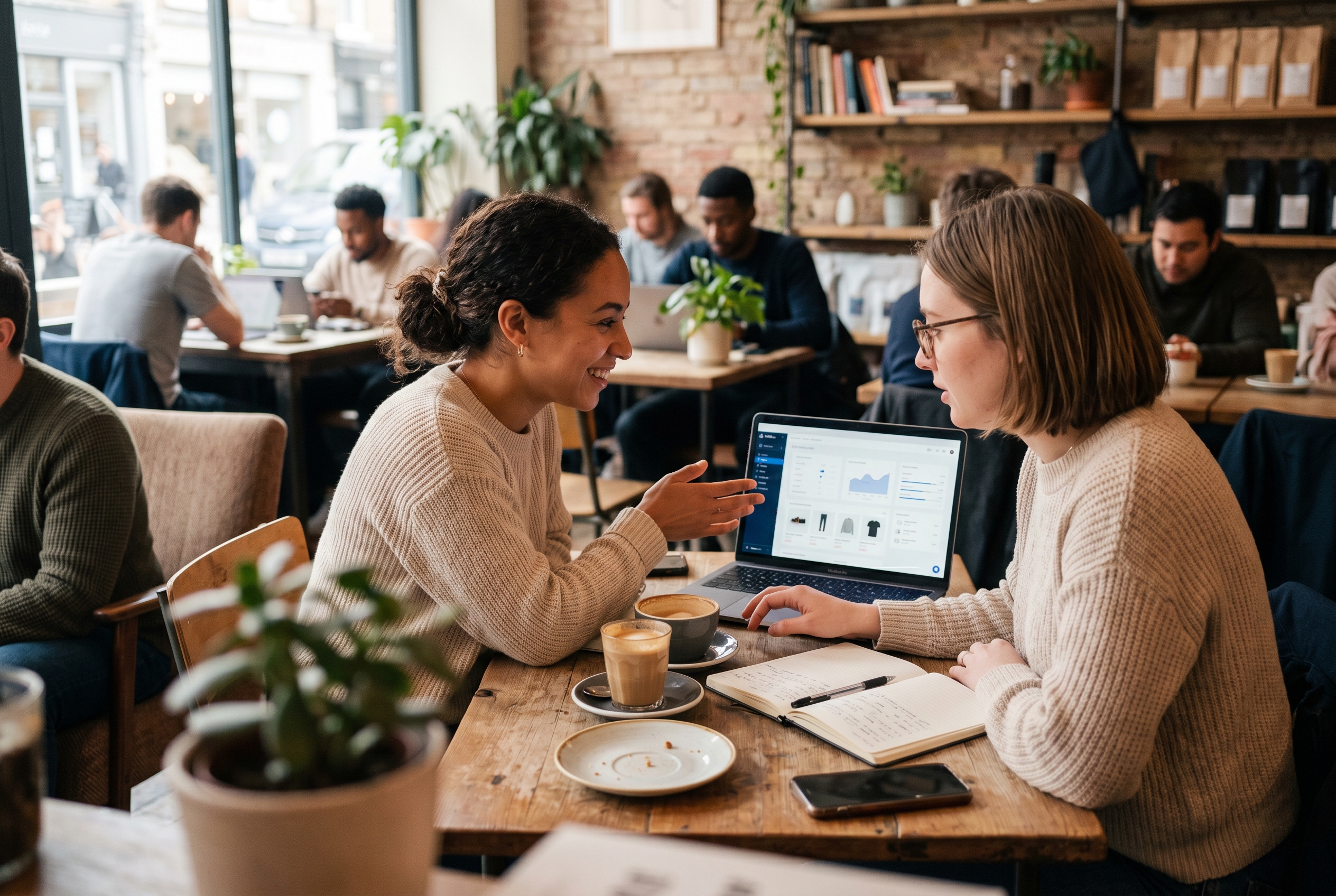 Two friends comparing store options on a laptop in a bright coffee shop with notebooks and coffee cups on the table