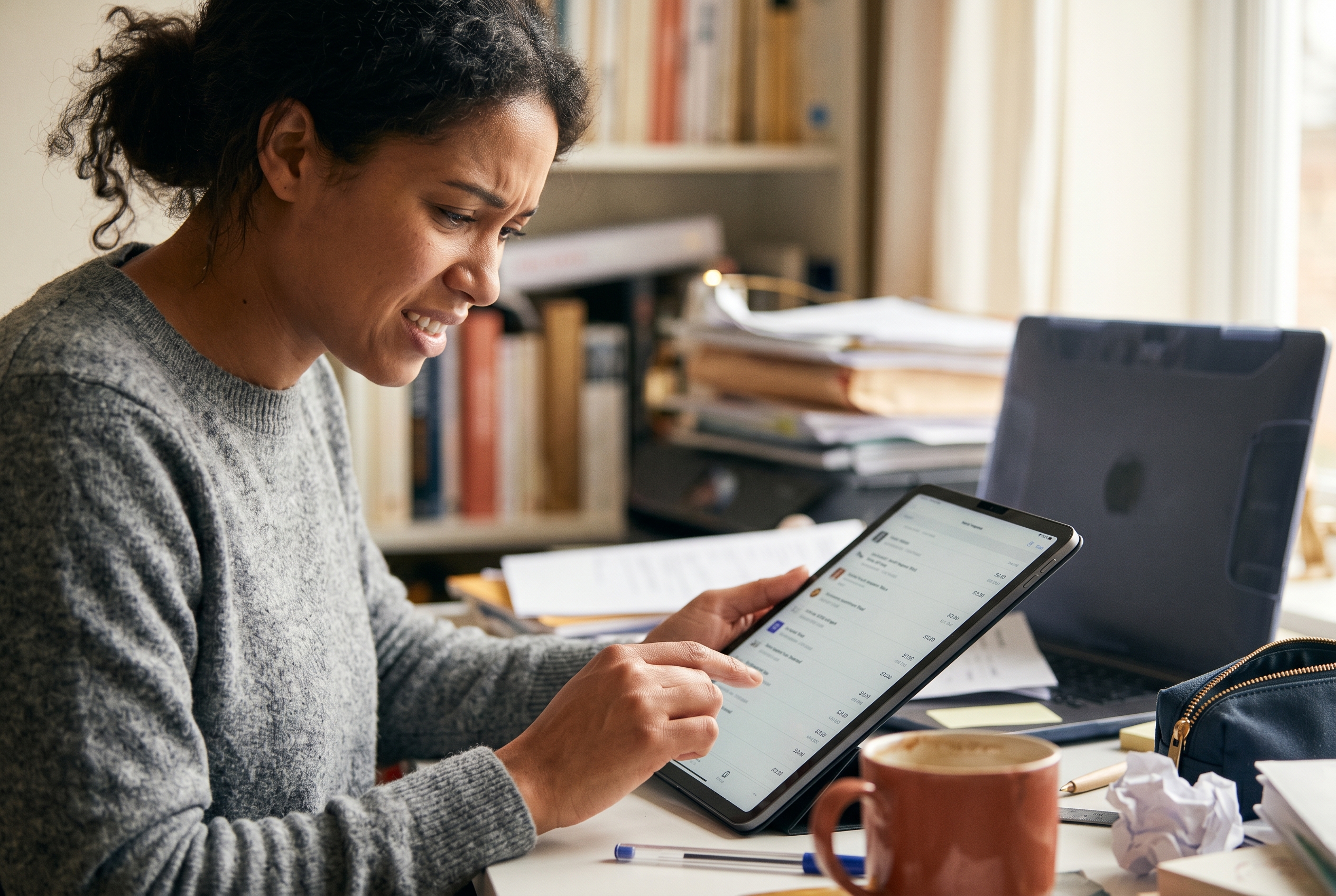 Frustrated entrepreneur reviewing a long list of app subscriptions on a tablet at a cluttered home office desk