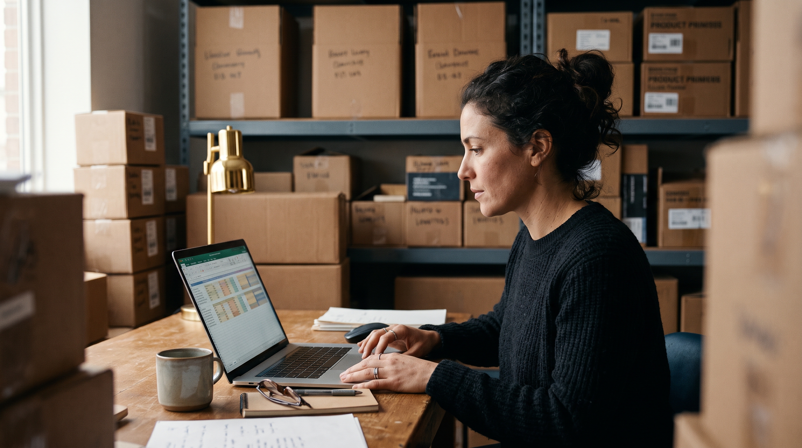 Store owner at a desk reviewing a product spreadsheet on a laptop with boxed inventory stacked behind her