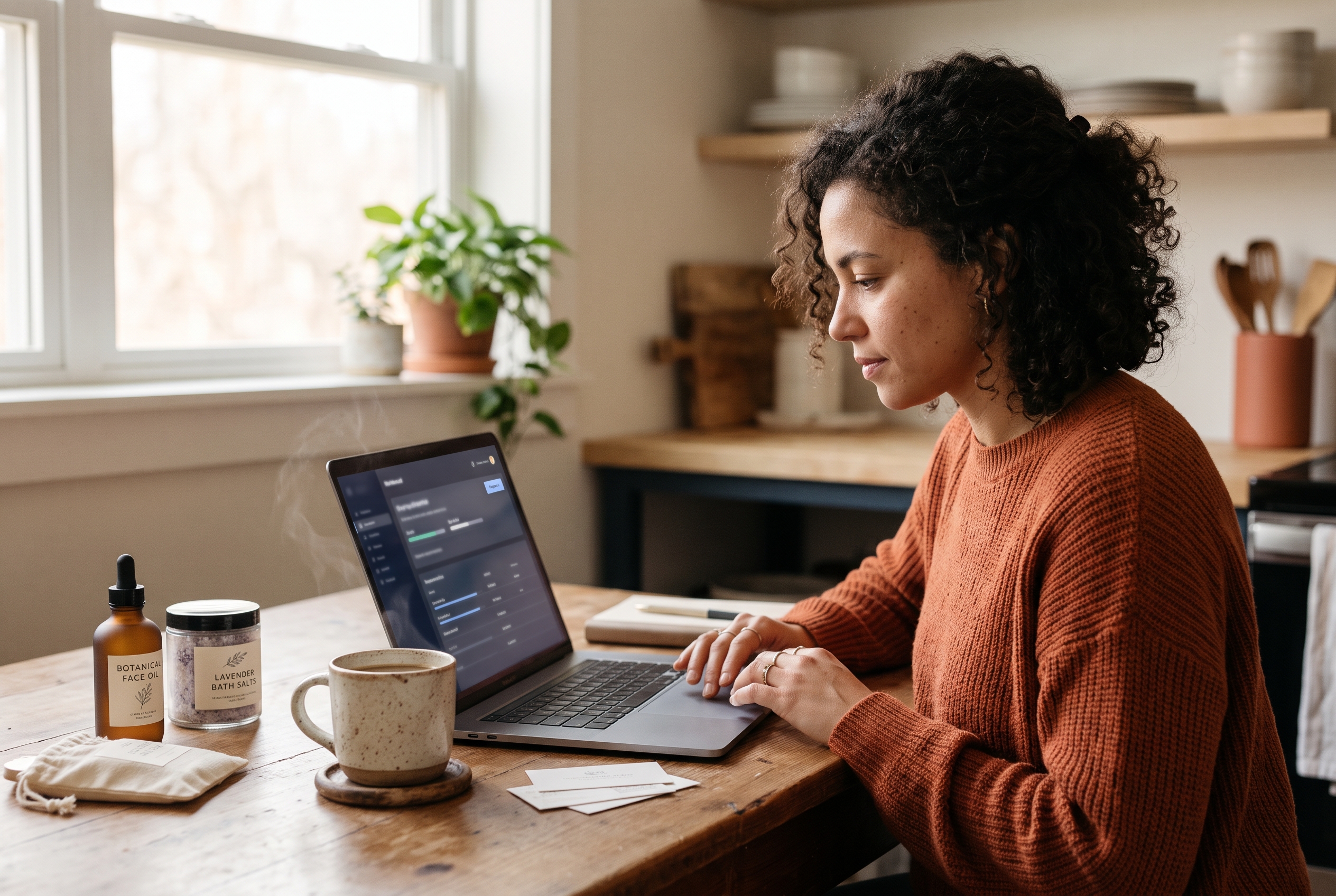 Merchant exporting a product catalog CSV on a laptop at a kitchen table next to a coffee mug and sample products