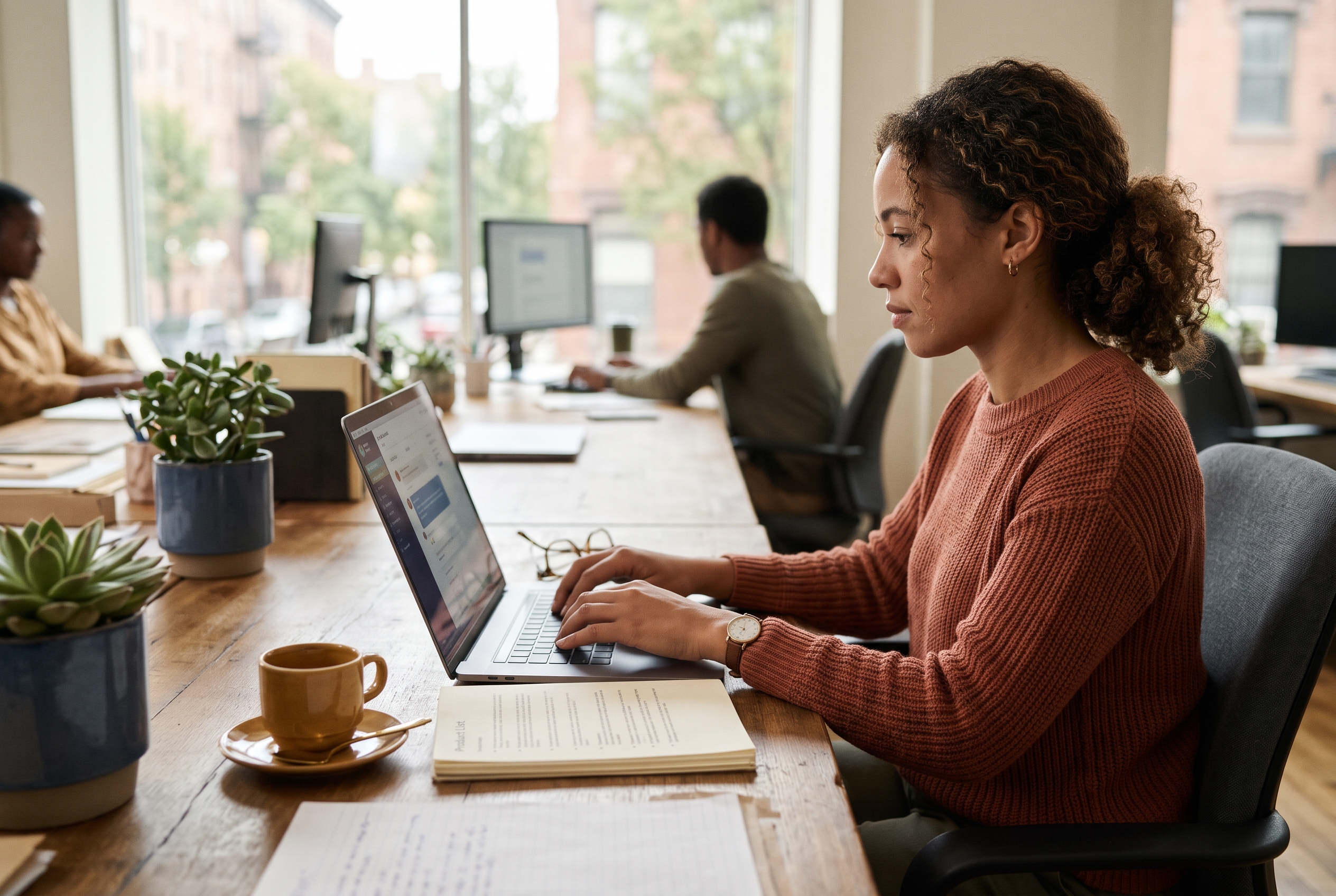 Copywriter typing prompts into ChatGPT on a laptop while a printed product list sits beside the keyboard