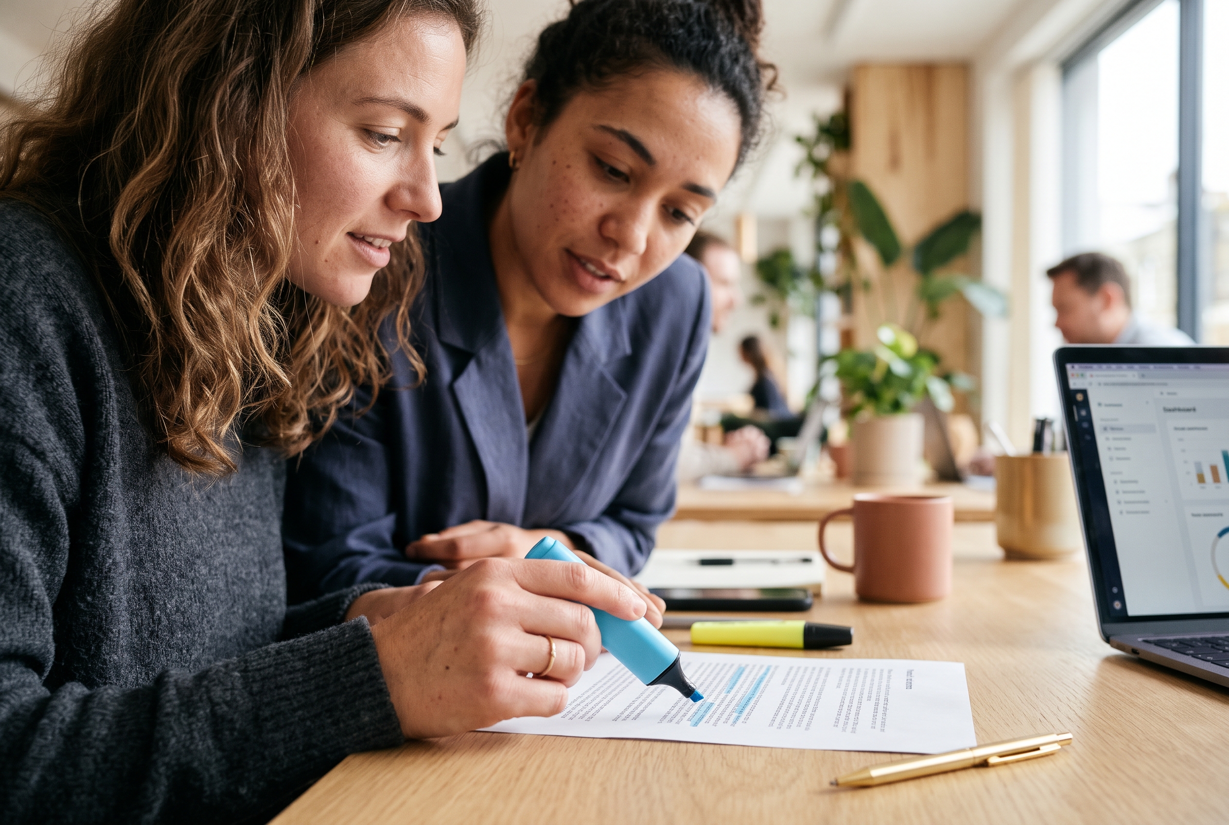 Two teammates reviewing printed product descriptions with highlighters at a bright office table