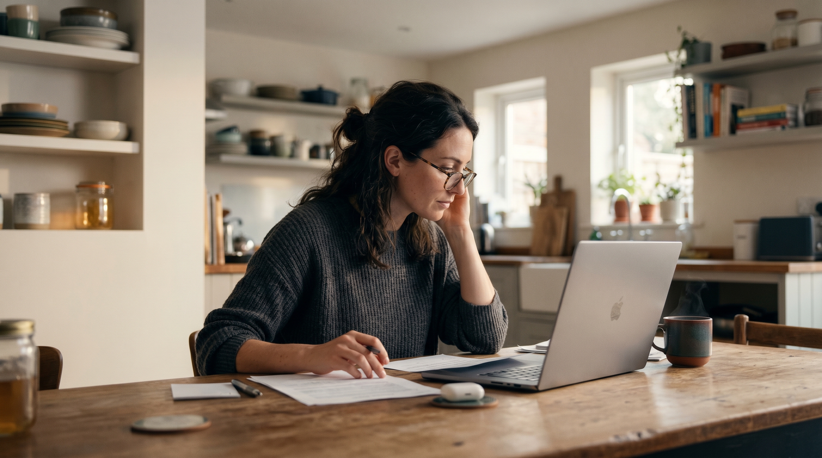 Small business owner reviewing paperwork at a kitchen table with a laptop and coffee mug nearby