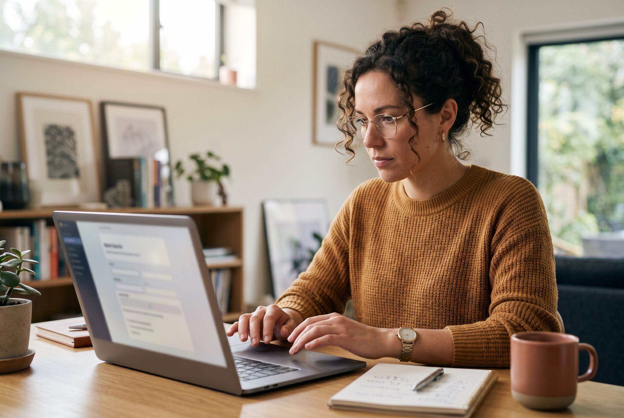 Founder filling out an online business registration form on a laptop in a bright home office