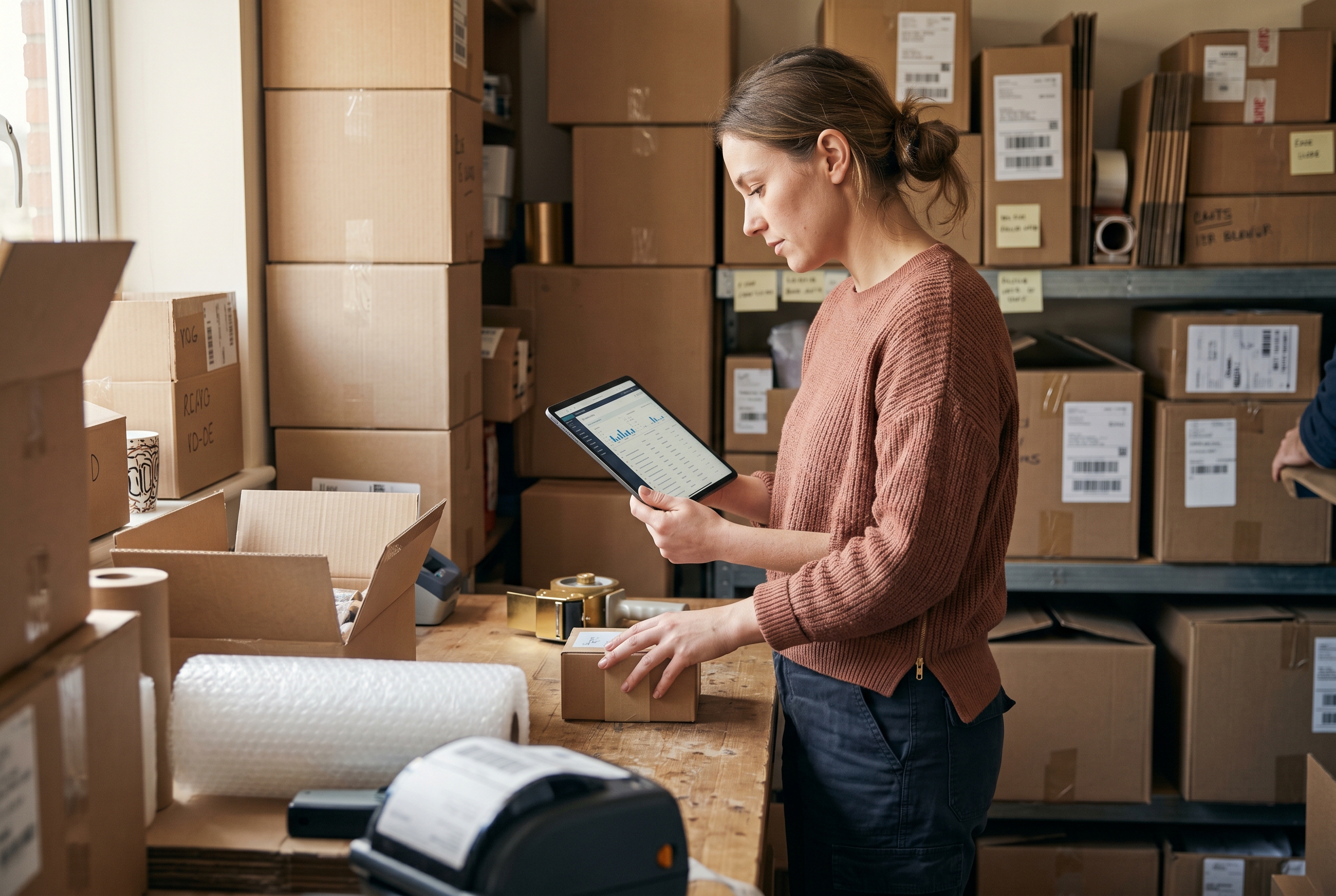 E-commerce seller packing orders and checking a tablet in a small home warehouse stacked with boxes