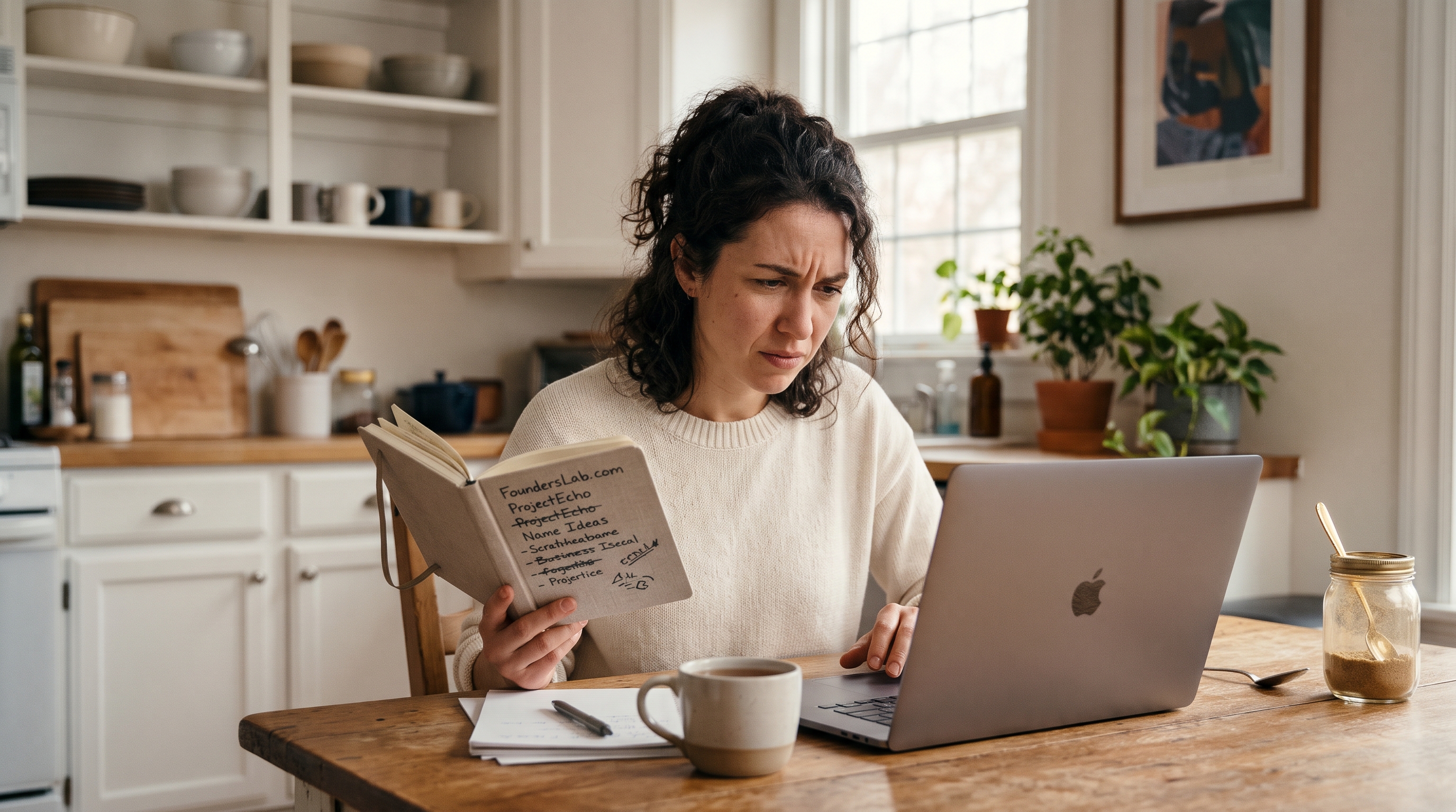 Founder frowning at a laptop showing a domain search result while holding a notebook of business name ideas at a kitchen table
