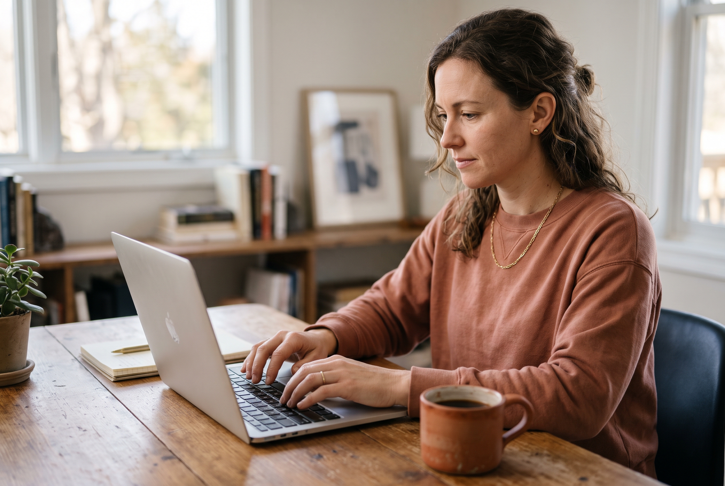 Small business owner typing an email offer to a domain seller on a laptop at a wooden desk with a coffee