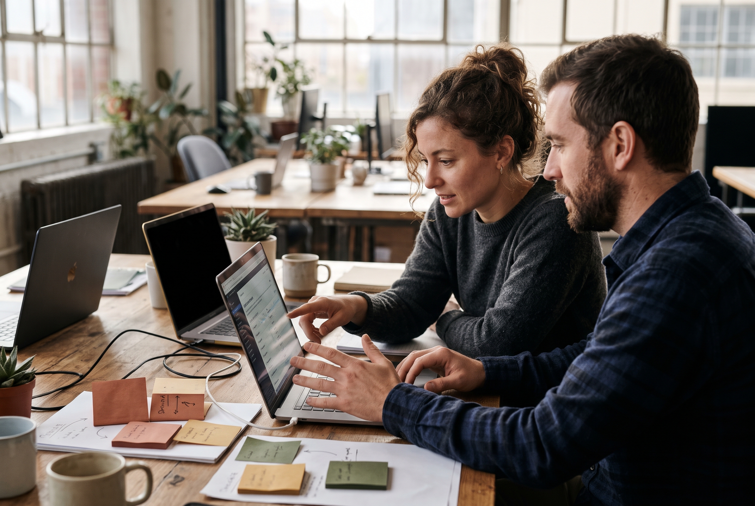 Two co-founders at a shared desk comparing domain extension options on a laptop with sticky notes nearby