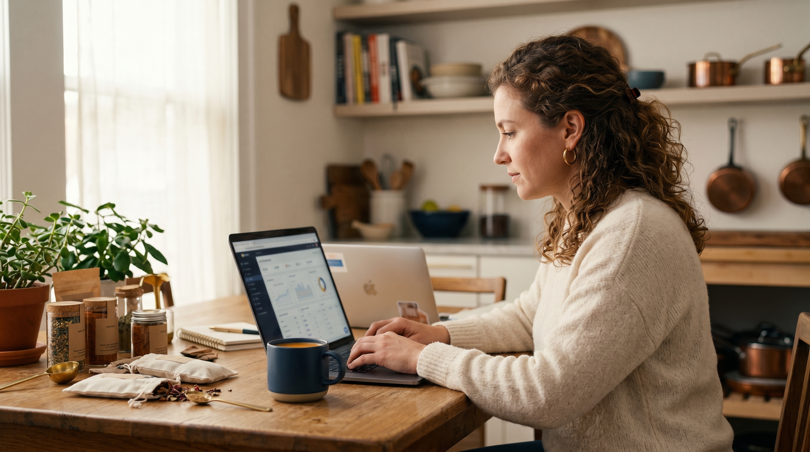 Small business owner typing into a laptop at a kitchen table with product samples and a coffee mug beside her