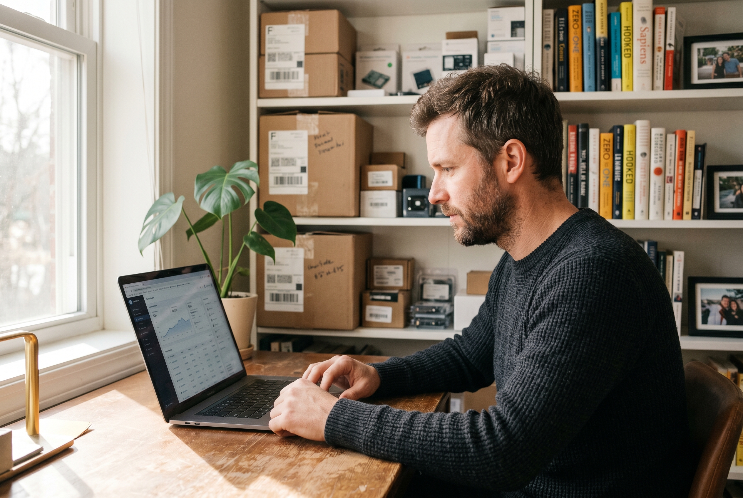 Founder reviewing AI-generated product descriptions on a laptop screen in a sunlit home office with shelves of inventory behind him