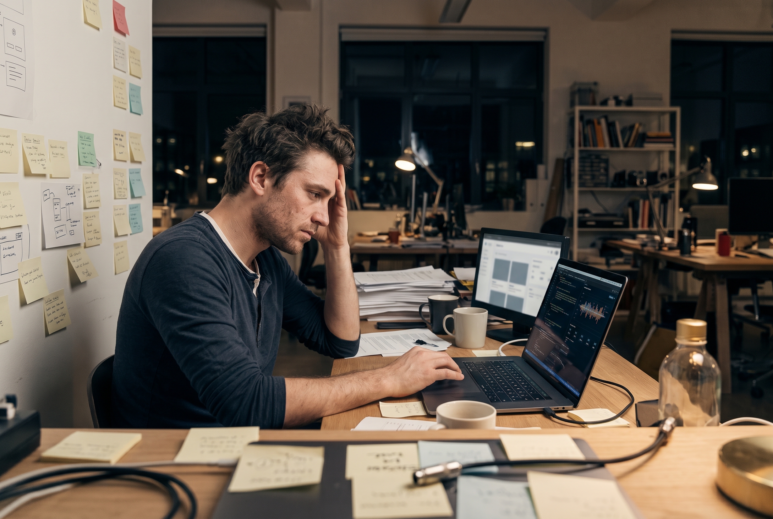 Frustrated entrepreneur surrounded by sticky notes and an open laptop showing lines of code late at night