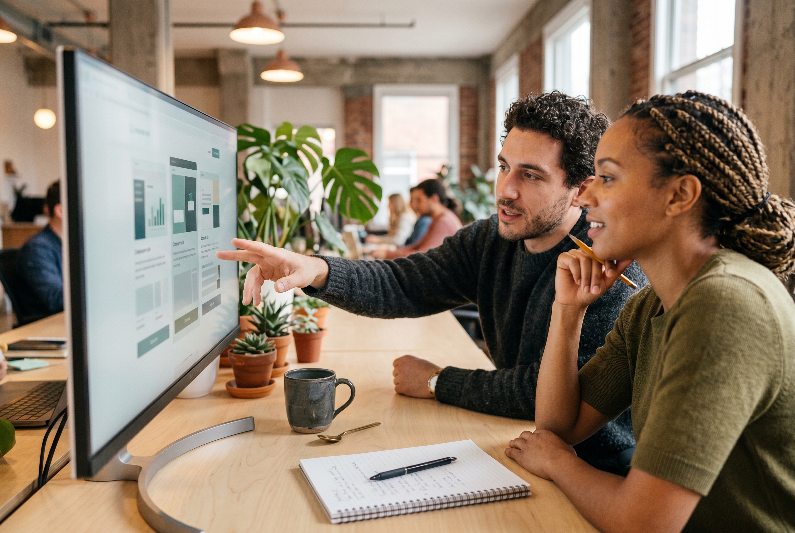 Two founders comparing store options on a wide monitor in a bright modern office with plants and notebooks on the desk