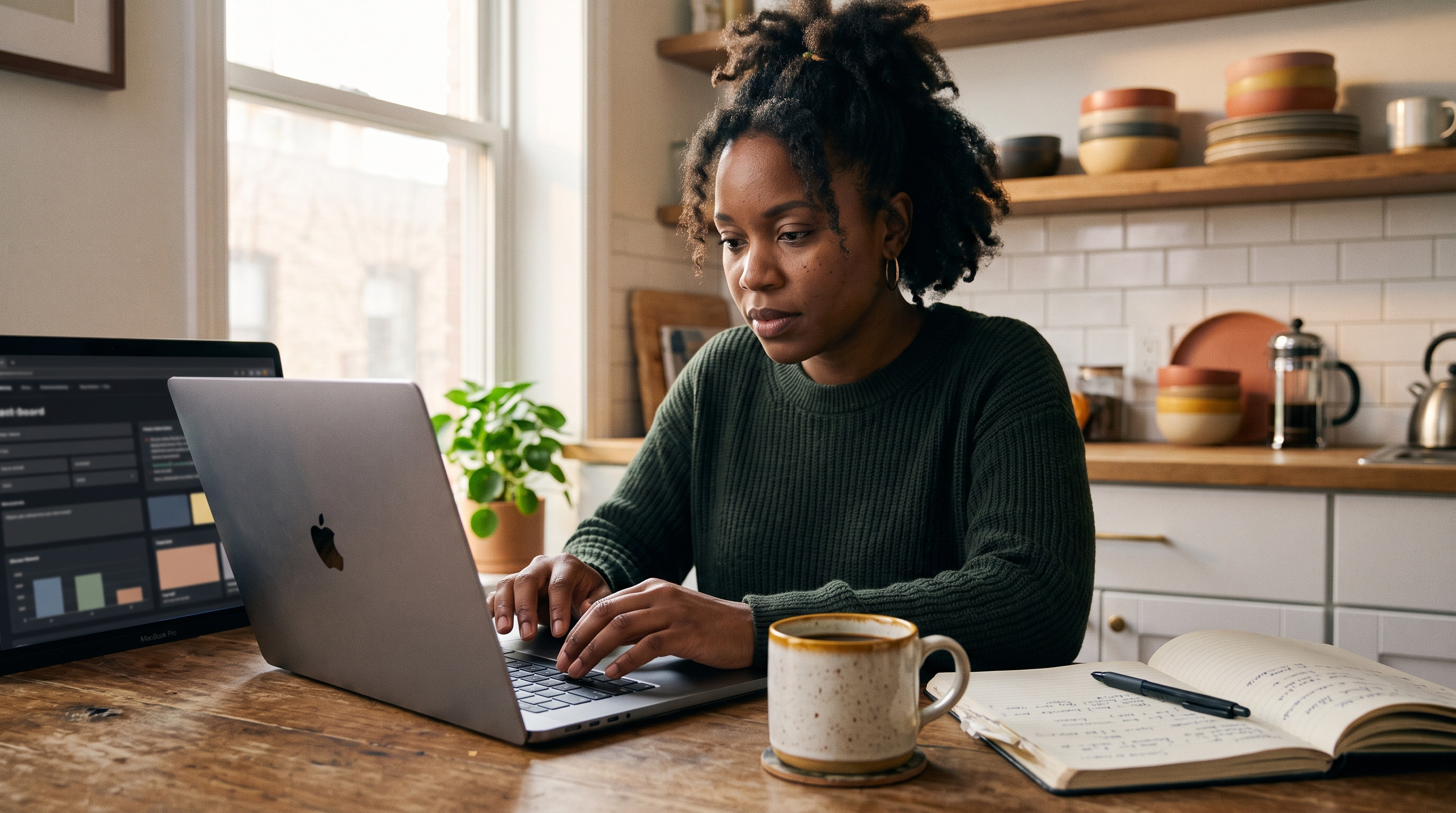 Founder typing a store idea into a laptop at a kitchen table with coffee and a notebook nearby
