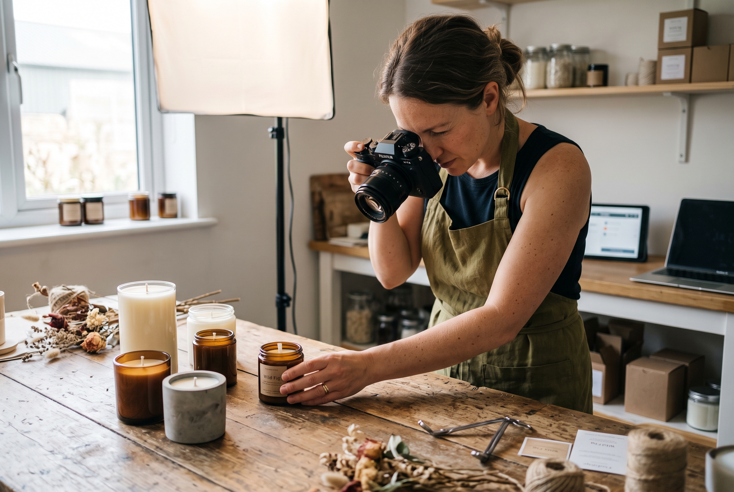 Small business owner photographing handmade candles on a wooden table under a softbox light
