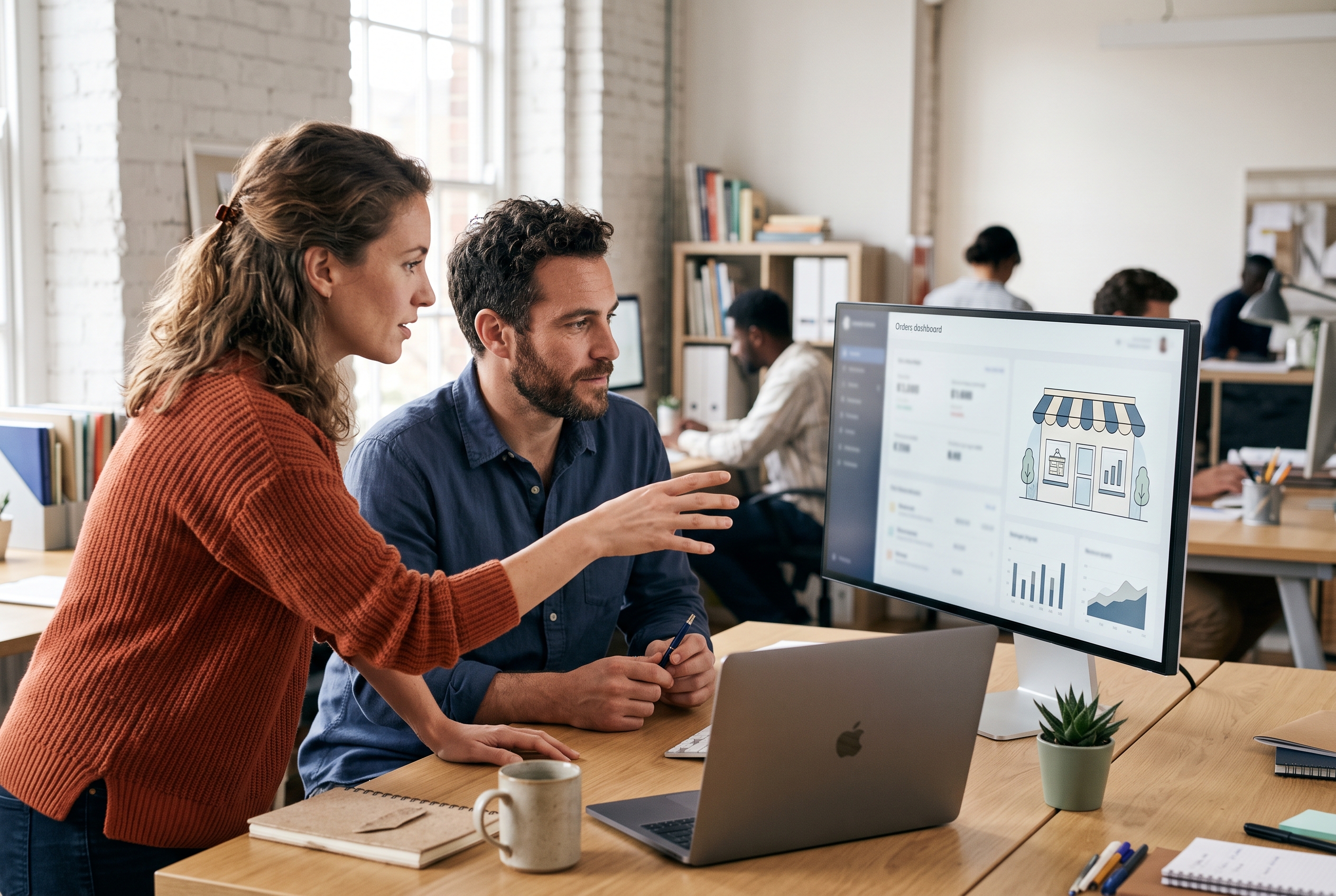 Two people comparing a storefront layout and an orders dashboard on a wide monitor in a bright office