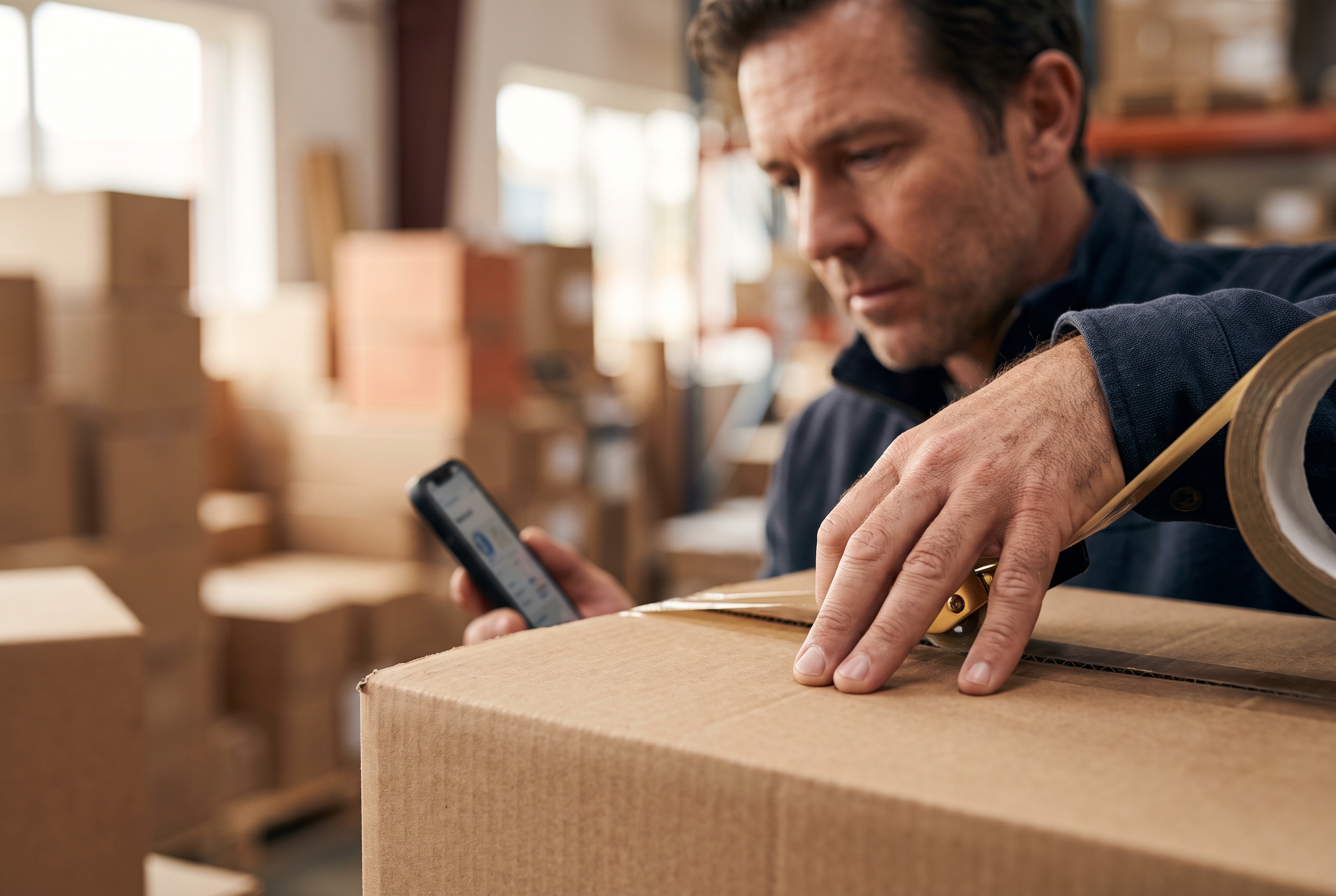 Warehouse owner packing shipping boxes while checking new orders on a phone in the afternoon light