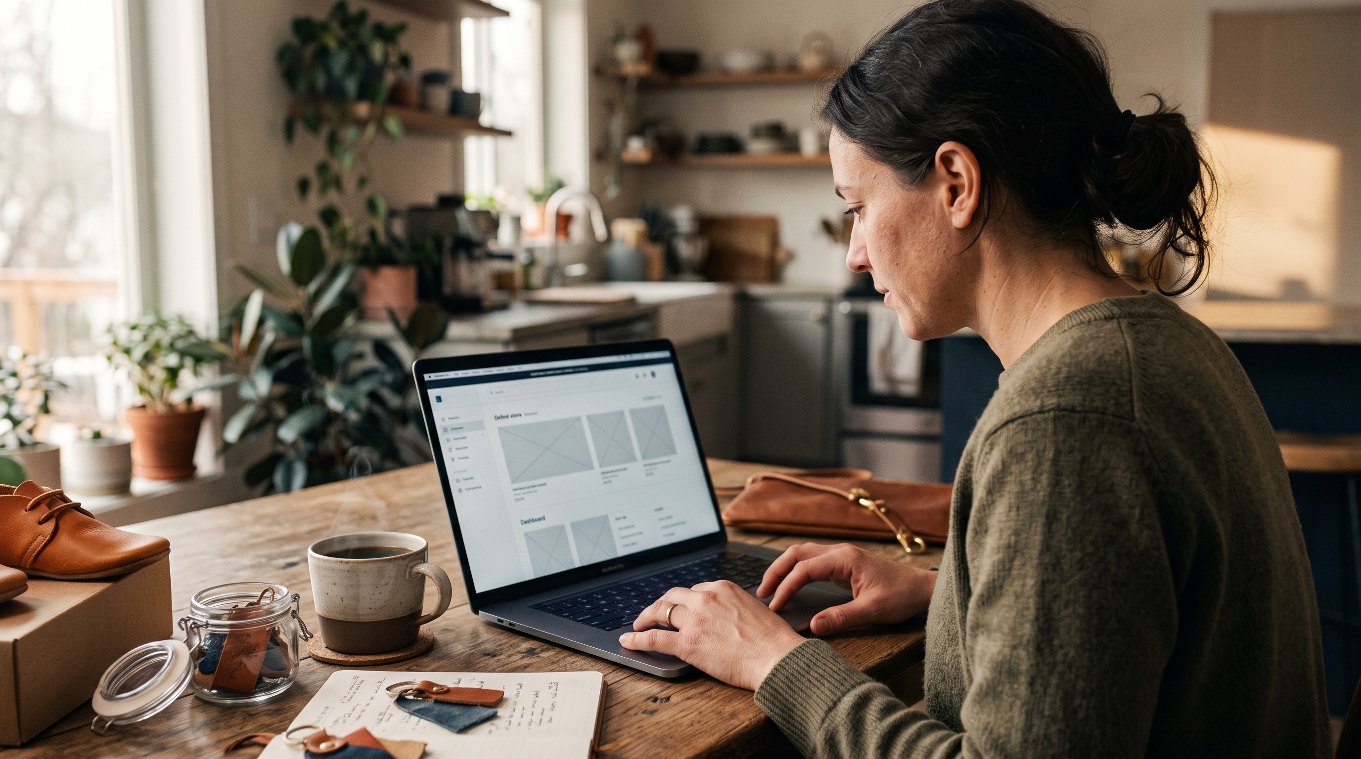 Small business owner looking at a laptop showing a half-built online store at a kitchen table with coffee and product samples