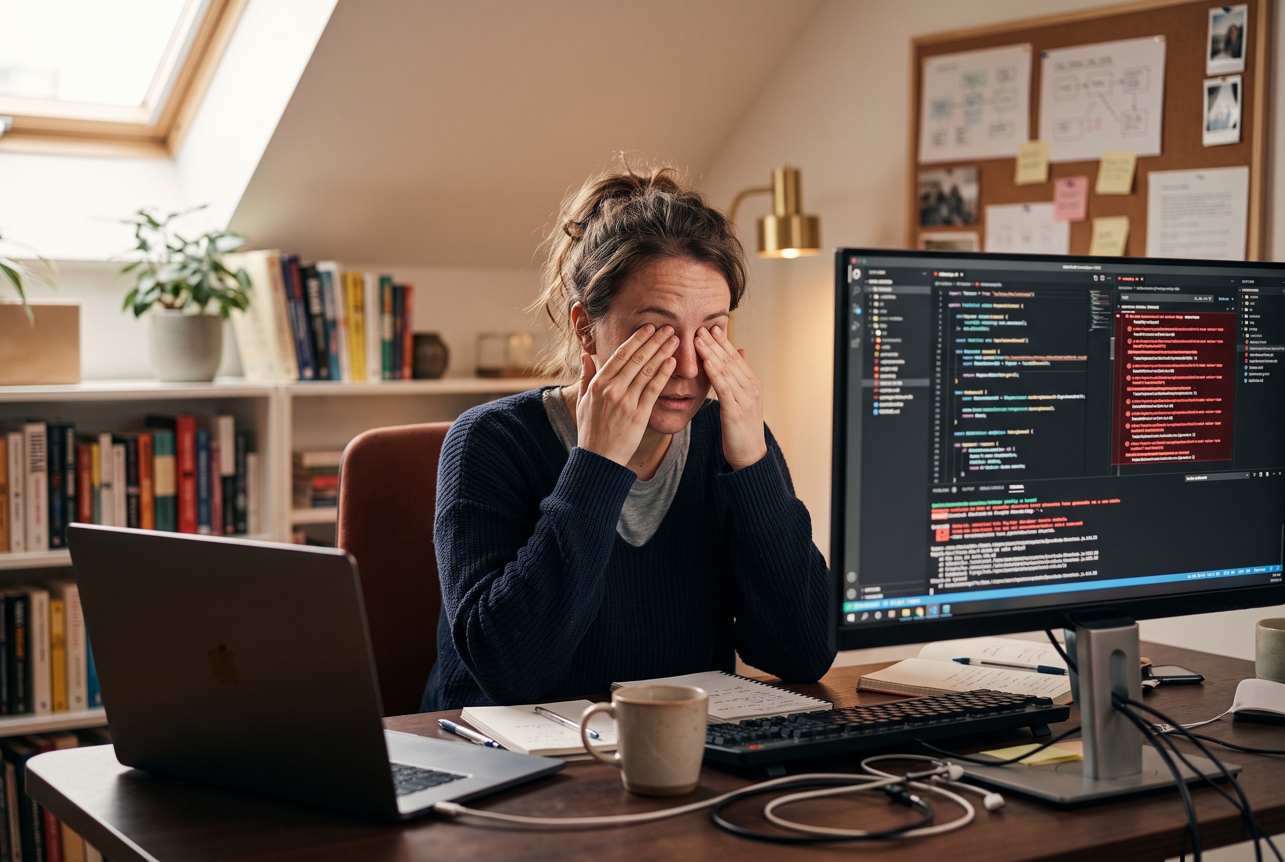Frustrated founder rubbing eyes in front of two monitors covered in code and error messages late at night in a home office