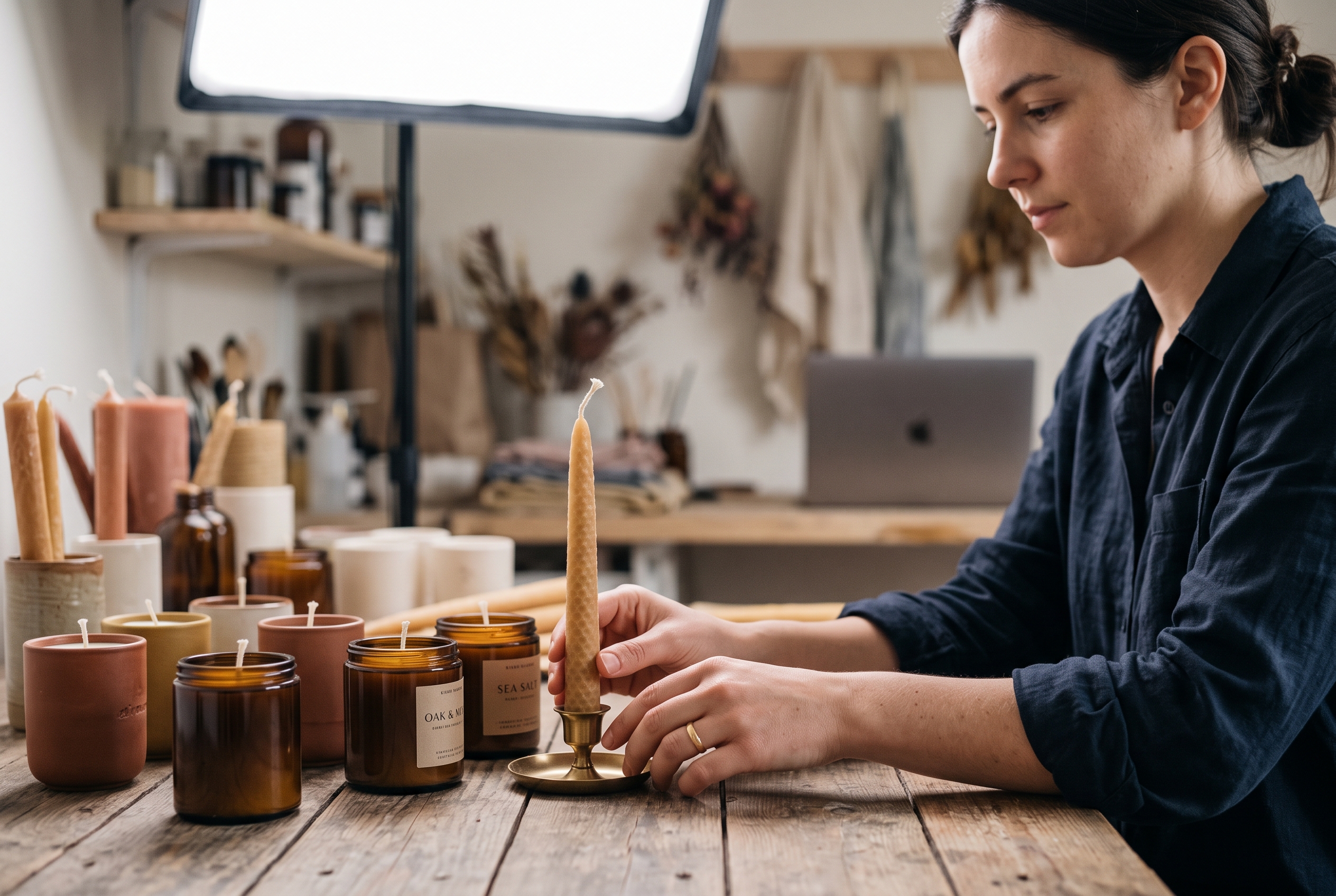 Product photographer arranging handmade candles on a wooden table under a softbox light in a small studio
