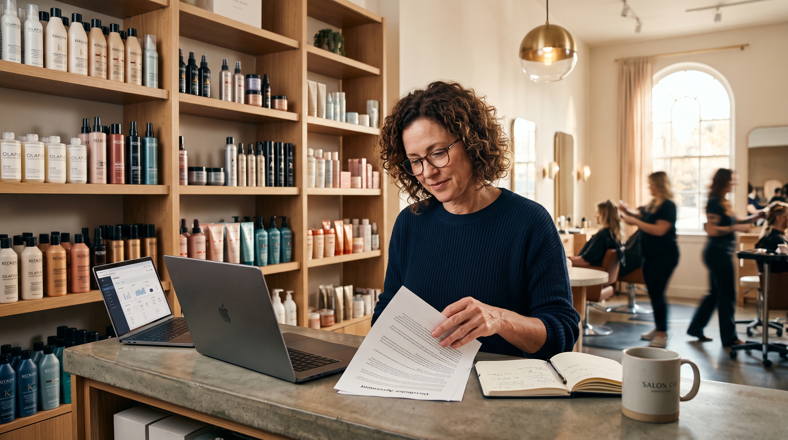 Salon owner reading a distributor agreement at the front desk beside shelves of professional shampoo and styling products