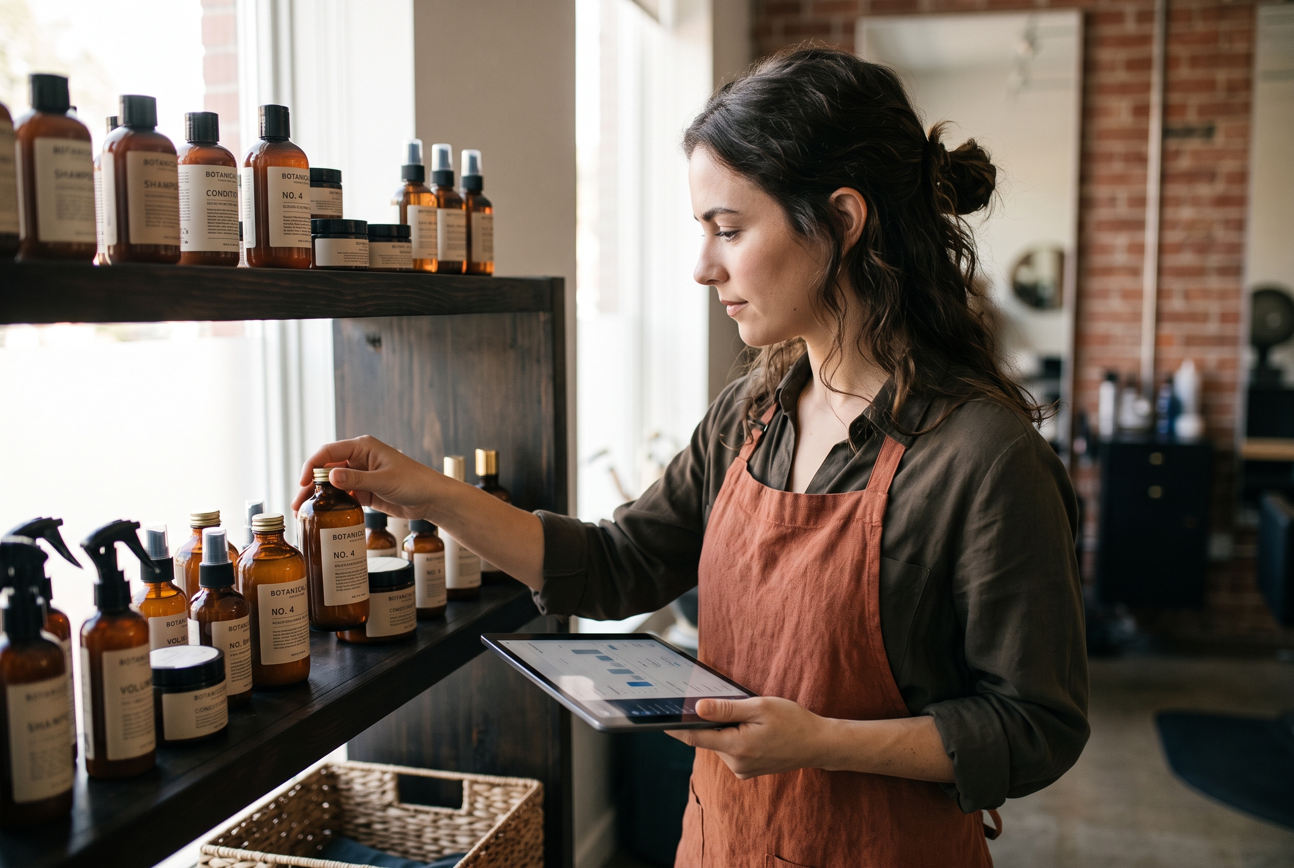 Stylist checking a price list on a tablet while arranging professional hair care bottles on a retail shelf